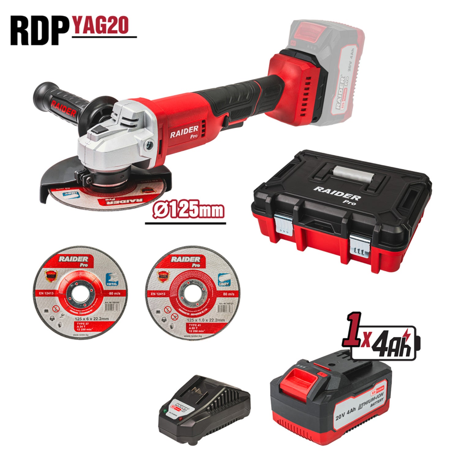 POLIZOR UNGHIULAR 125MM CU ACUMULATOR R20 4Ah 2 DISCURI DE TAIERE SI CUTIE PLASTIC RAIDER PRO