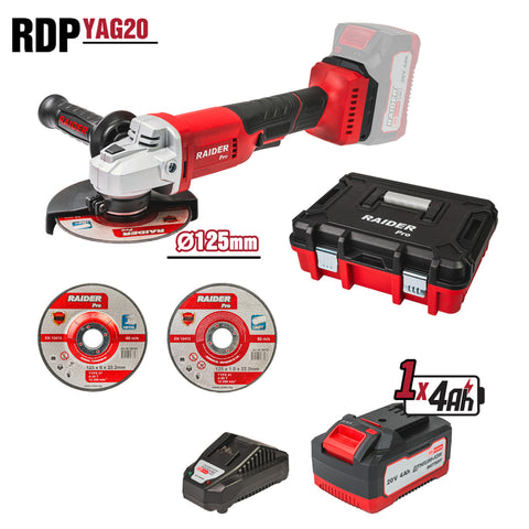 POLIZOR UNGHIULAR 125MM CU ACUMULATOR R20 4Ah 2 DISCURI DE TAIERE SI CUTIE PLASTIC RAIDER PRO