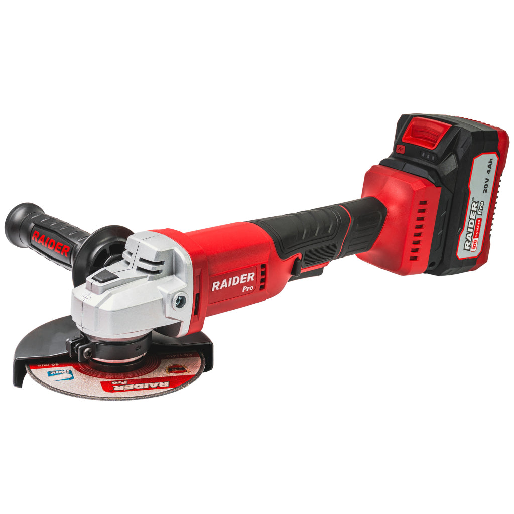 POLIZOR UNGHIULAR 125MM CU ACUMULATOR R20 4Ah 2 DISCURI DE TAIERE SI CUTIE PLASTIC RAIDER PRO