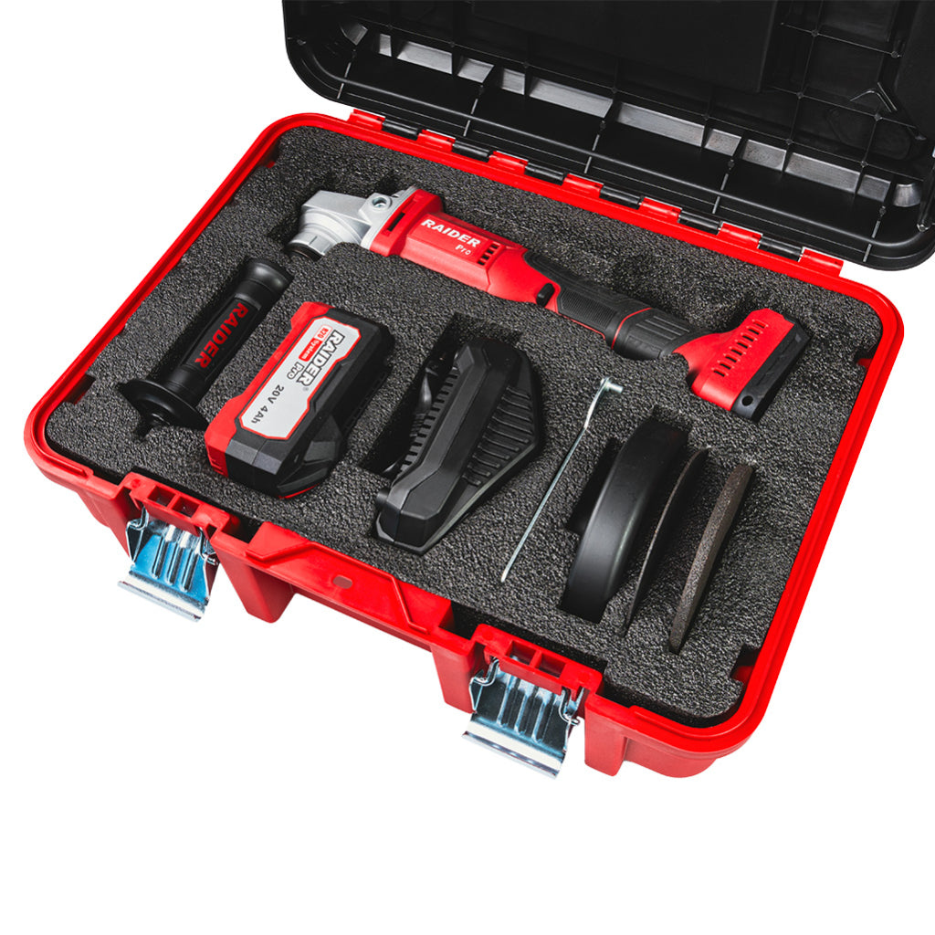 POLIZOR UNGHIULAR 125MM CU ACUMULATOR R20 4Ah 2 DISCURI DE TAIERE SI CUTIE PLASTIC RAIDER PRO