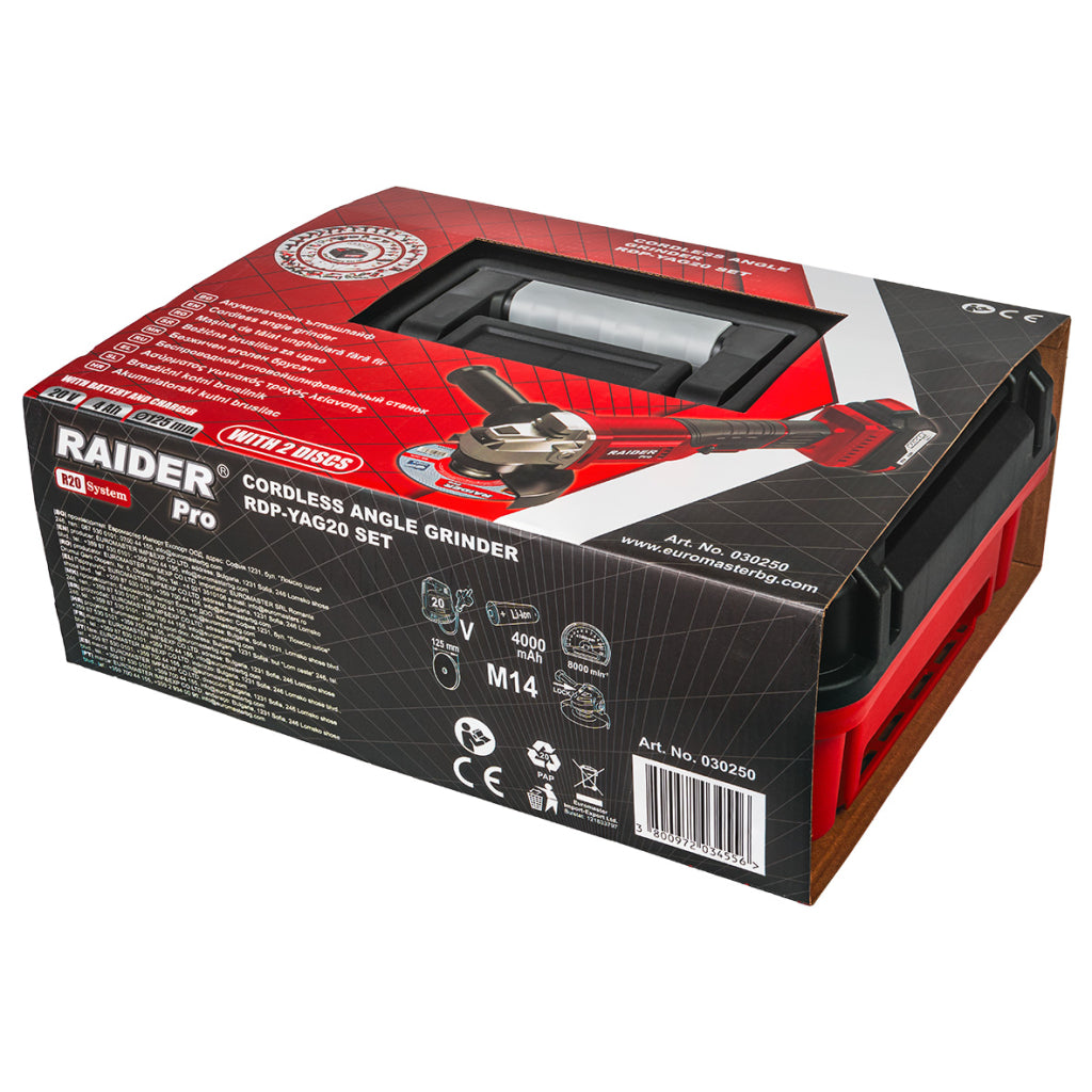 POLIZOR UNGHIULAR 125MM CU ACUMULATOR R20 4Ah 2 DISCURI DE TAIERE SI CUTIE PLASTIC RAIDER PRO