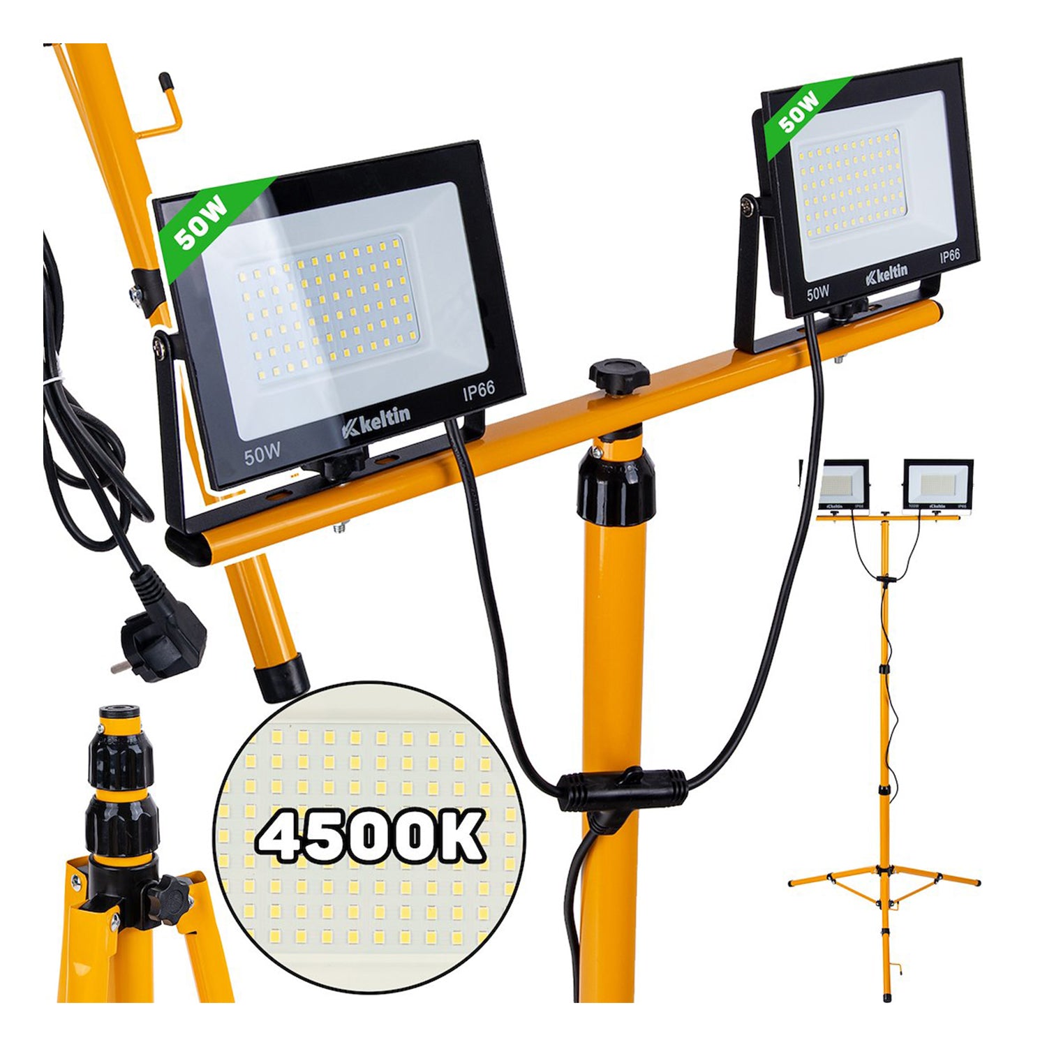 PROIECTOR, LAMPA DE LUCRU LED 2 X 50W CU STATIV REGLABIL 60-160 CM, ALB NEUTRU 4500K IP66 - KELTIN