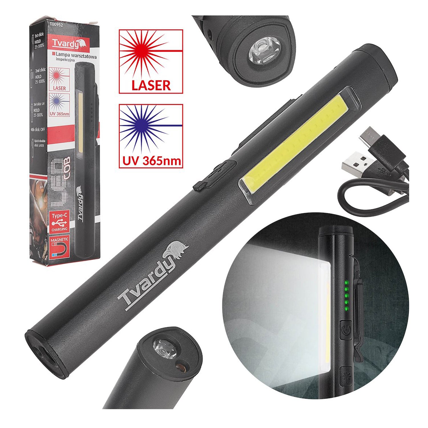 LAMPA LED COB CU LASER SI UV REINCARCABILA CU MAGNET 5W 800MAH 400 LUMENI