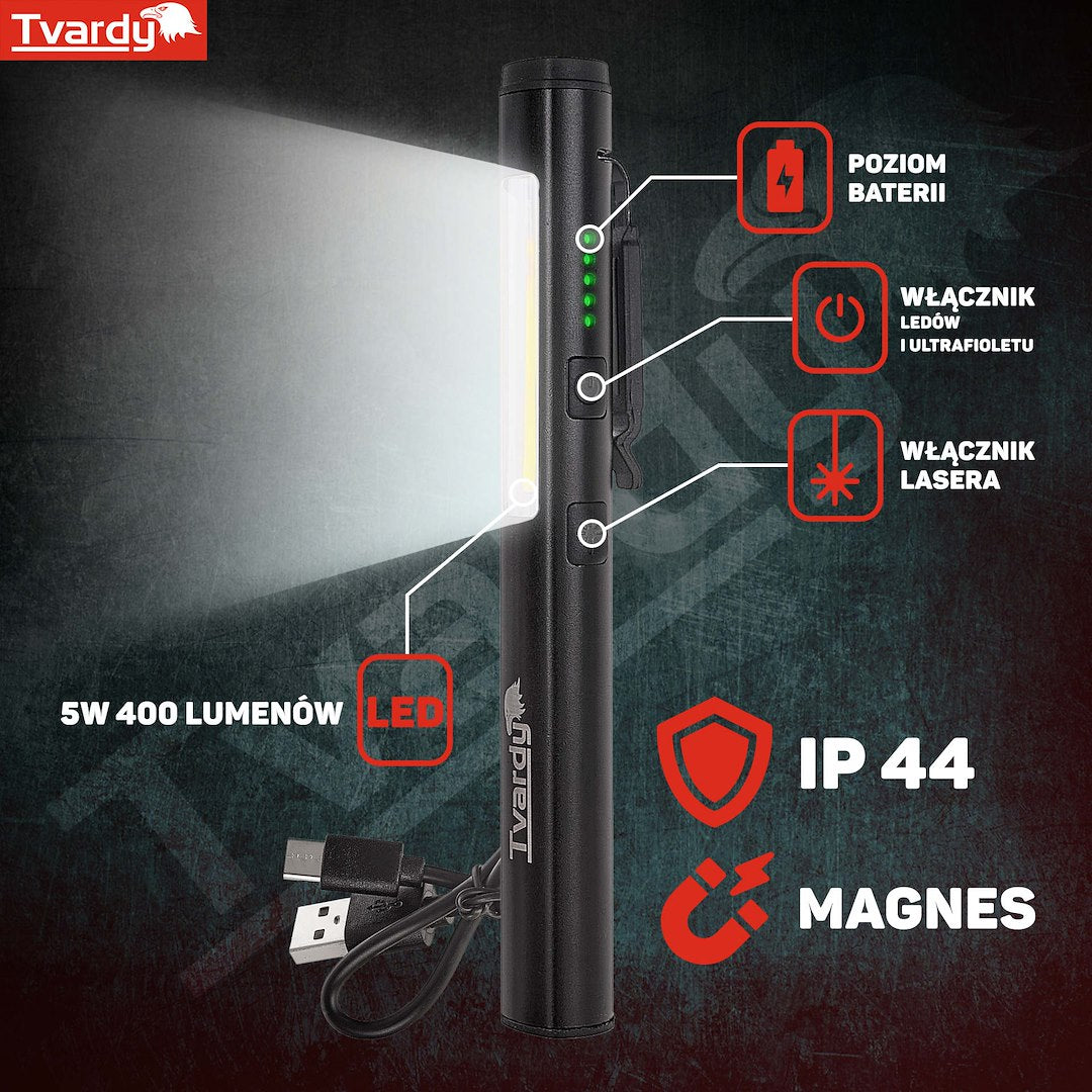 LAMPA LED COB CU LASER SI UV REINCARCABILA CU MAGNET 5W 800MAH 400 LUMENI