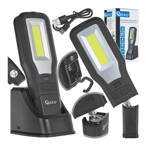 LAMPA DE LUCRU CU LED COB 10W+5W REINCARCABILA CU SUPORT, MAGNETIC, CARLIG, 2000mAh 550LM IP54