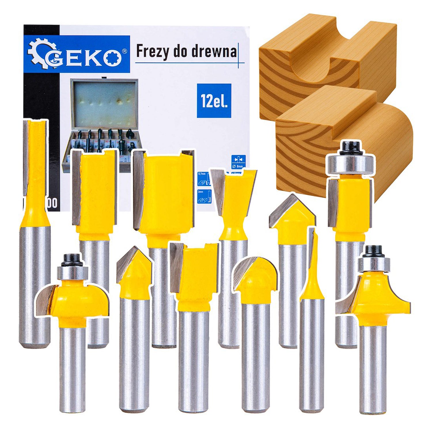 SET 12 FREZE PENTRU LEMN CU DIAMETRU 8MM - HSS, CU SUPORT - GEKO