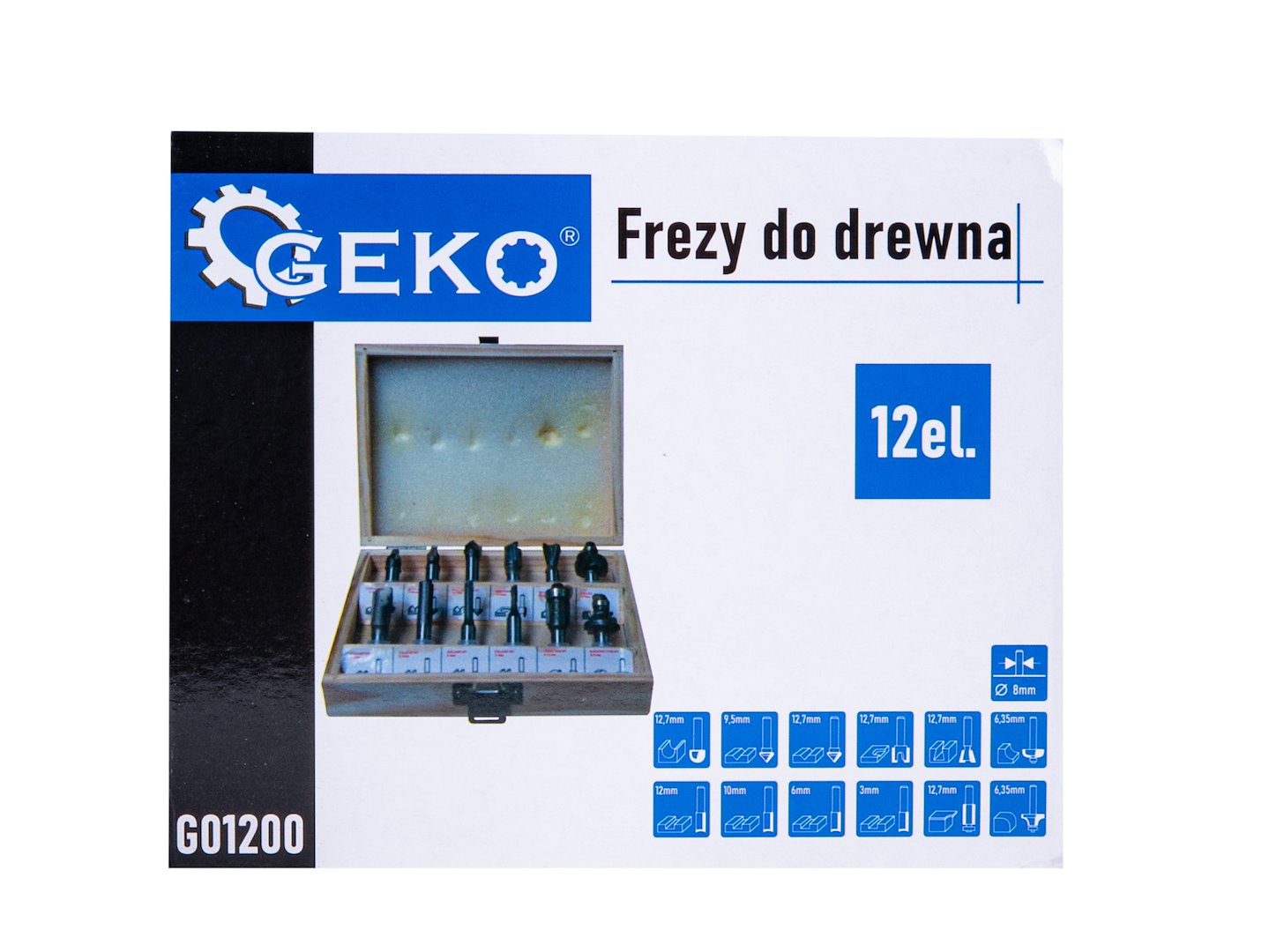 SET 12 FREZE PENTRU LEMN CU DIAMETRU 8MM - HSS, CU SUPORT - GEKO