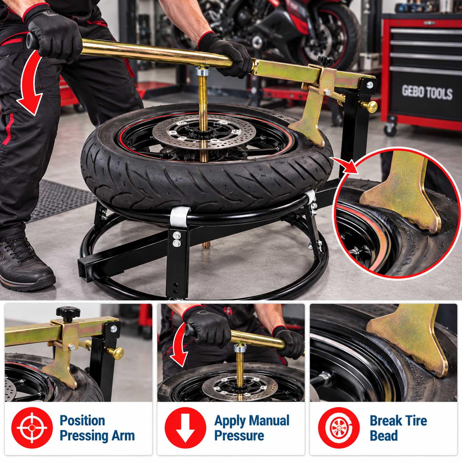 Dispozitiv presa manuala pentru dejantat schimbat roti motociclete 16-21" GEBO TOOLS