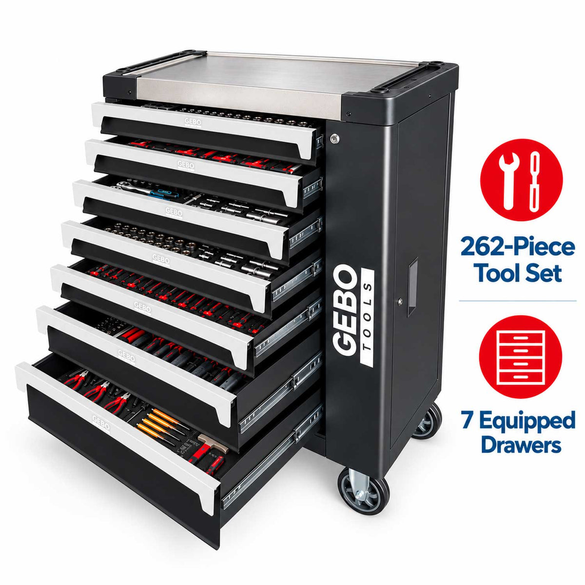 Dulap de scule echipat profesional cu 7 sertare 7 module carbon 262 piese GEBO TOOLS