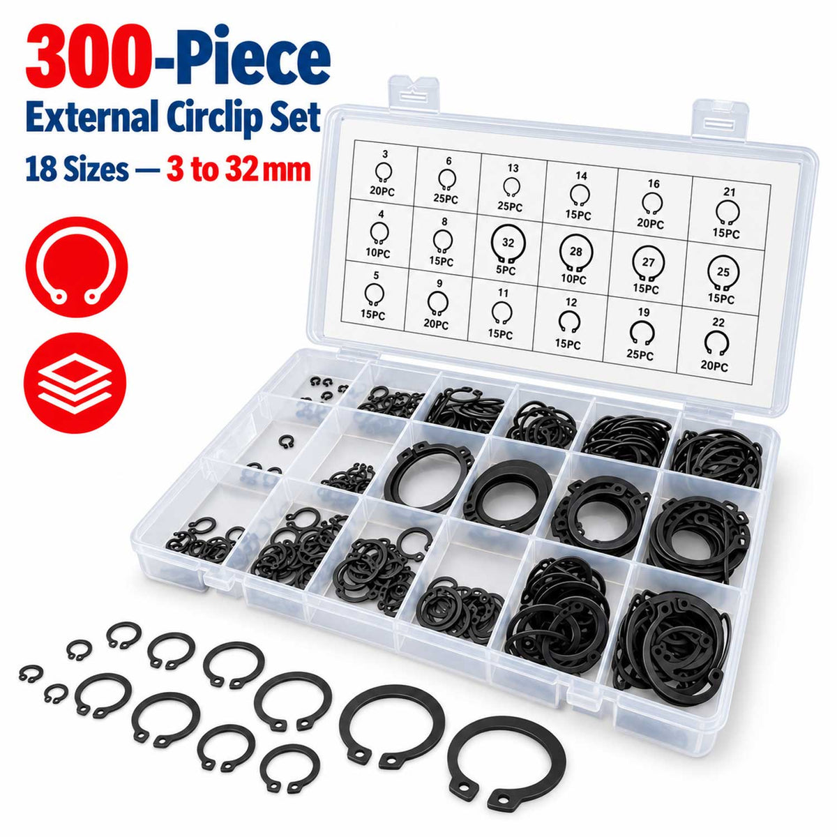 Set sigurante SEEGER exterioare 300 bucati GEBO TOOLS