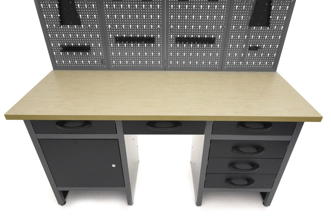 BANC DE LUCRU METALIC CU 6 SERTARE, PANOU SCULE SI DULAPURI 160CM HBM