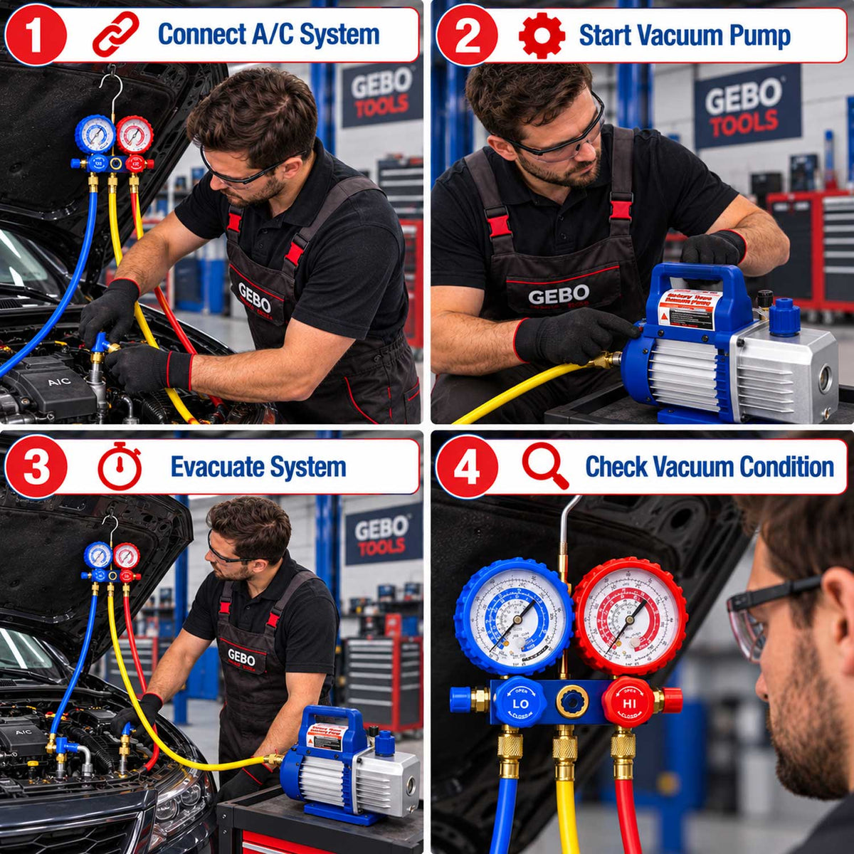 Pompa vid vacuum aer conditionat cu o etapa manometru cu 2 porturi 70l/min GEBO TOOLS