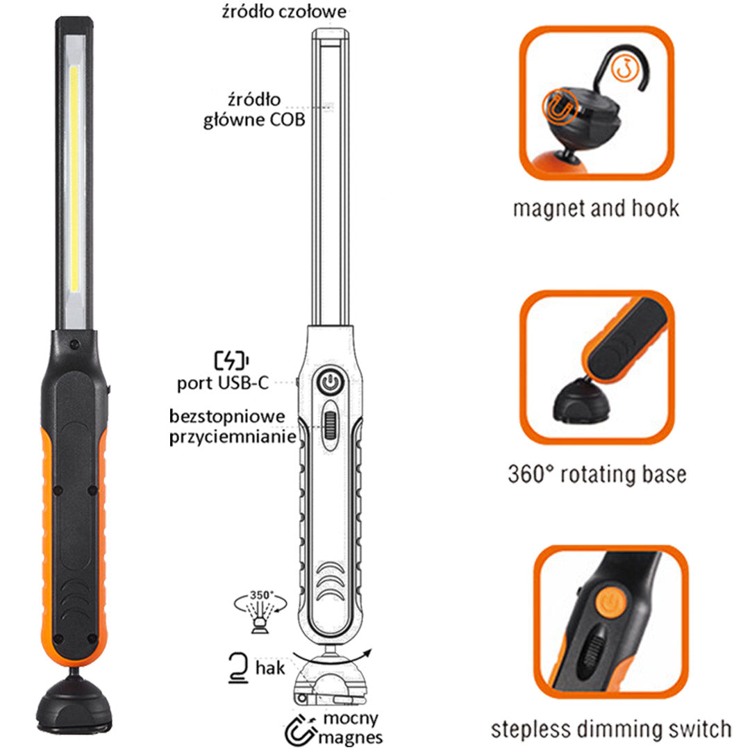 LAMPA DE LUCRU LED 1000LM - REINCARCABILA CU ACUMULATOR 2000 MAH, REGLAJ INTENSITATE DIMMER - VERKE