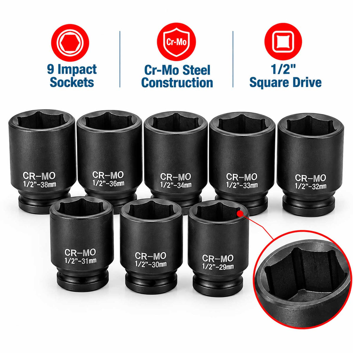 Set tubulare de impact 1/2 pentru planetare 9 piese 29-38mm psa VAG BMW GEBO TOOLS
