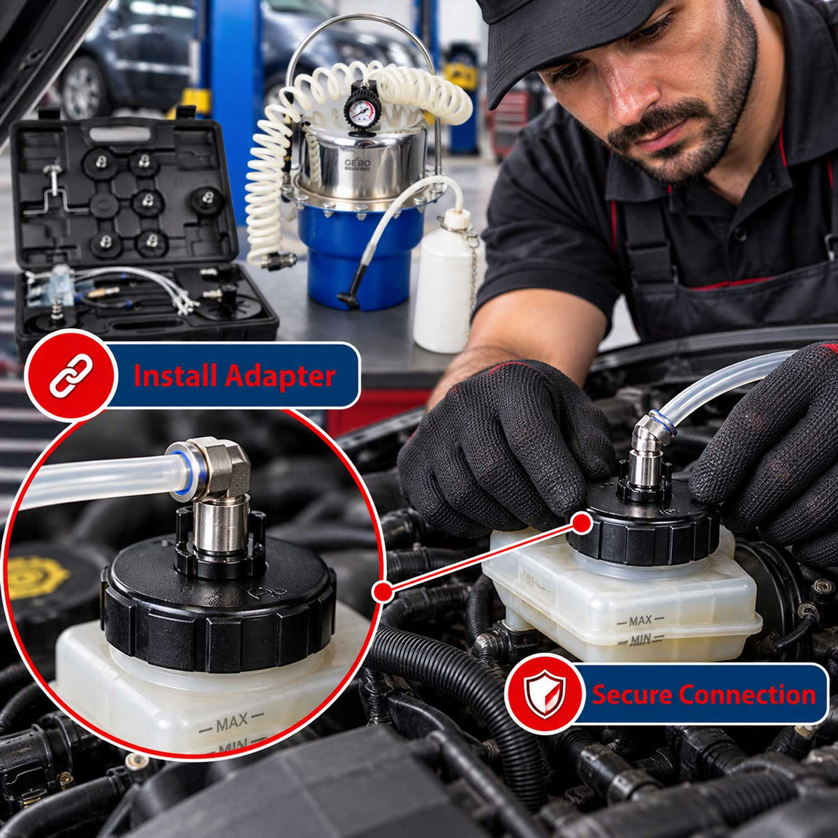 Dispozitiv de aerisit si schimbat lichid de frana universala cu adaptoare GEBO TOOLS