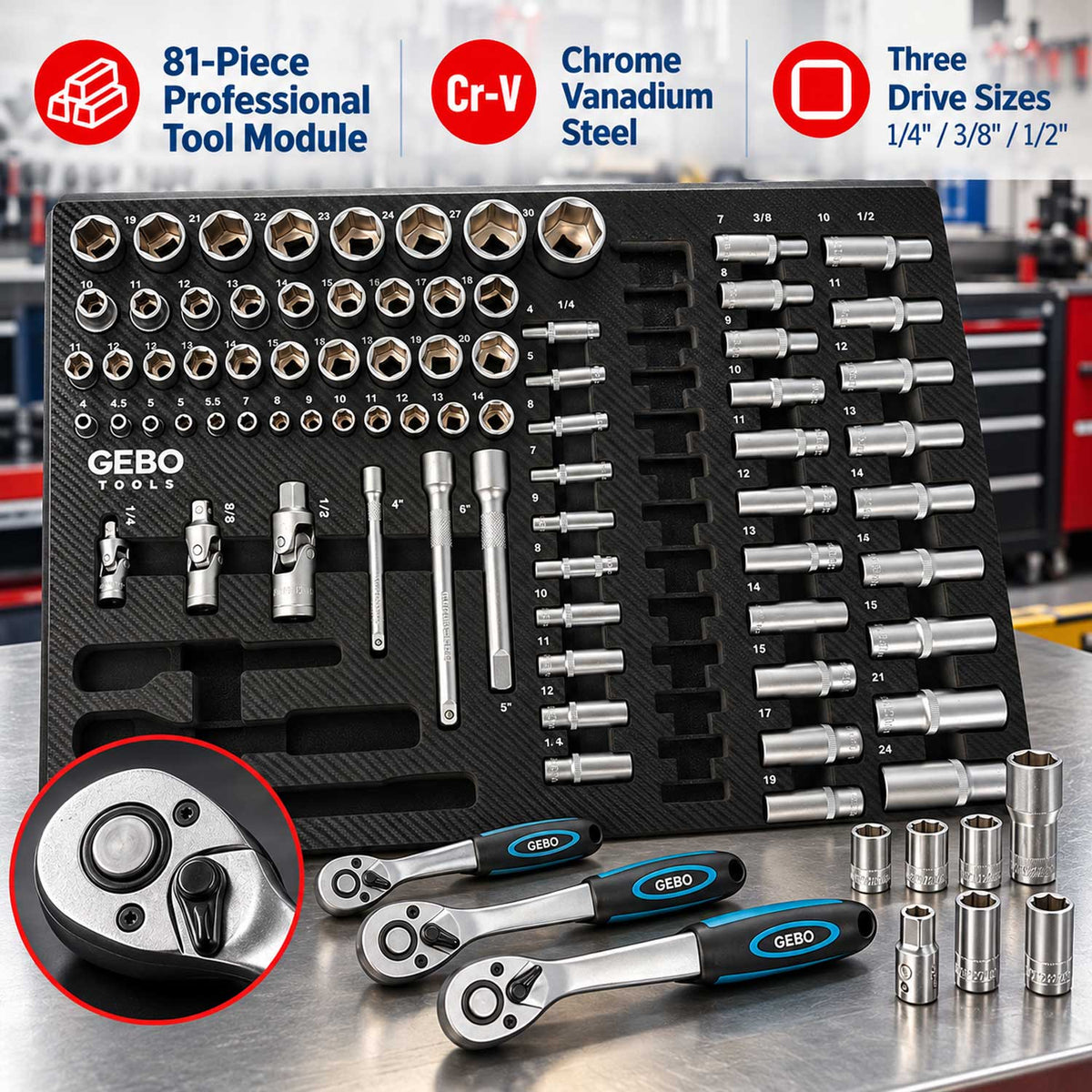 Trusa profesionala GEBO TOOLS 81 piese – modul dulap cu chei tubulare lungi si scurte, biti, prelungitoare, adaptoare si clicheti 1/2”, 3/8”, 1/4” cr-v