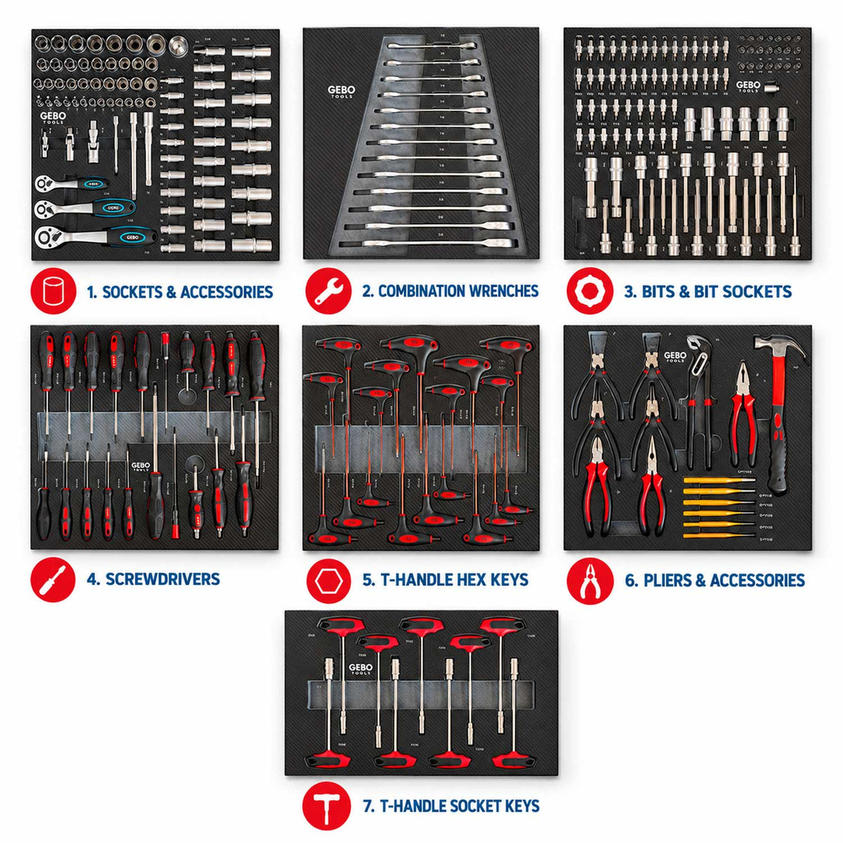 Dulap de scule echipat profesional cu 7 sertare 7 module carbon 262 piese GEBO TOOLS