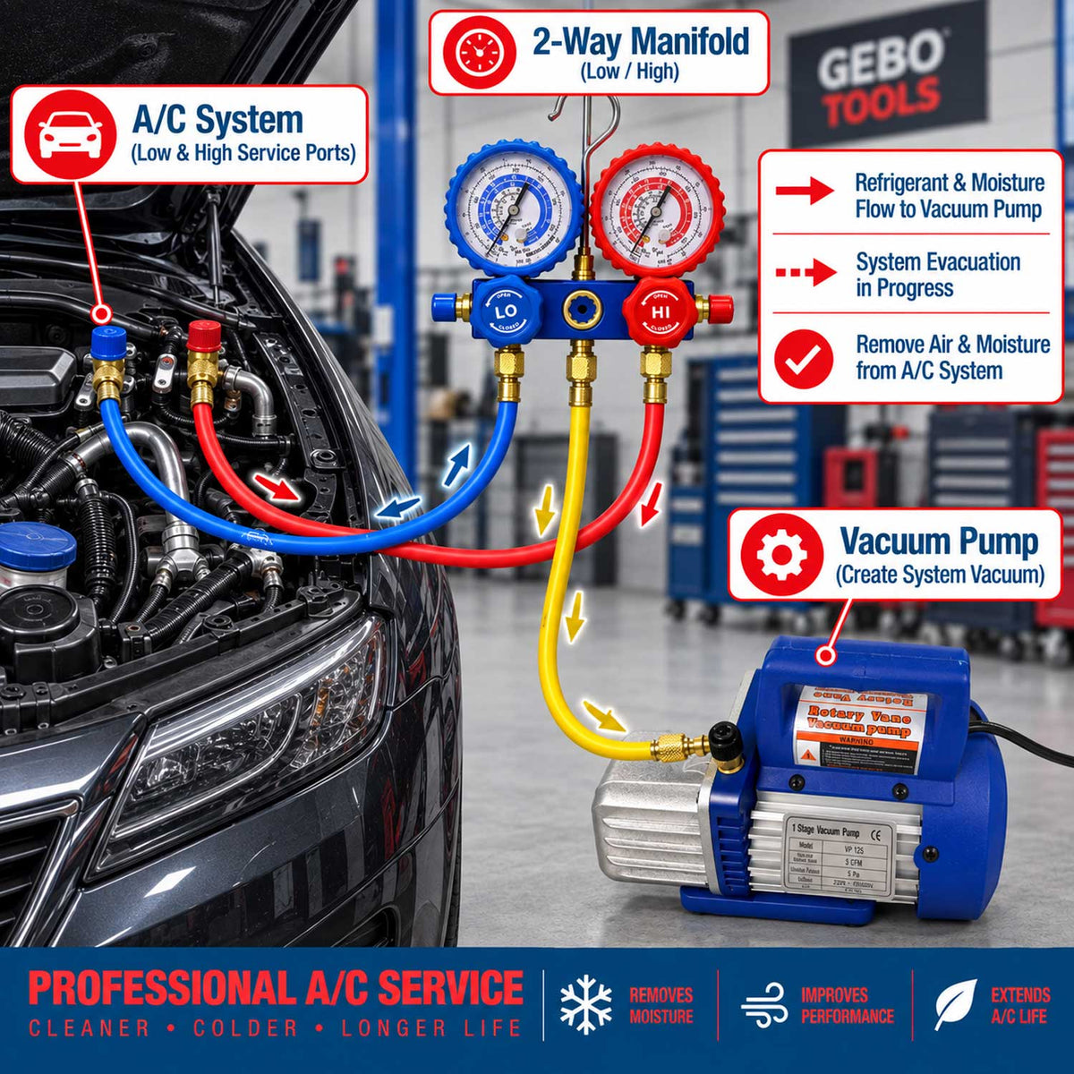 Pompa vid vacuum aer conditionat cu o etapa manometru cu 2 porturi 70l/min GEBO TOOLS