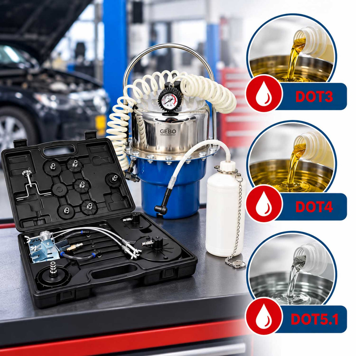Dispozitiv de aerisit si schimbat lichid de frana universala cu adaptoare GEBO TOOLS