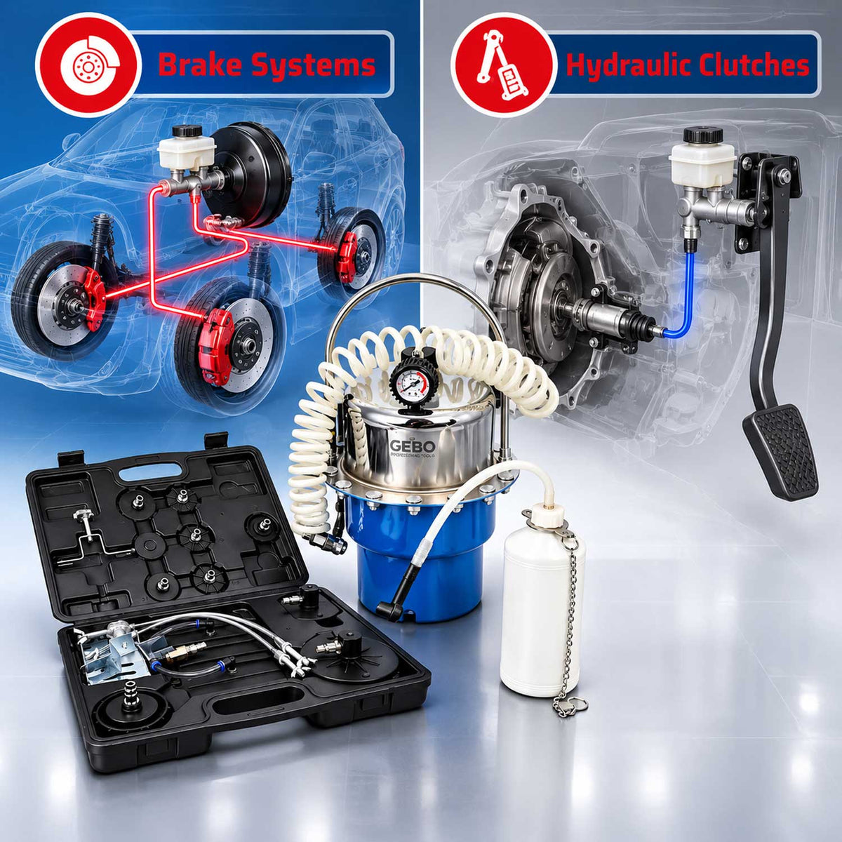 Dispozitiv de aerisit si schimbat lichid de frana universala cu adaptoare GEBO TOOLS