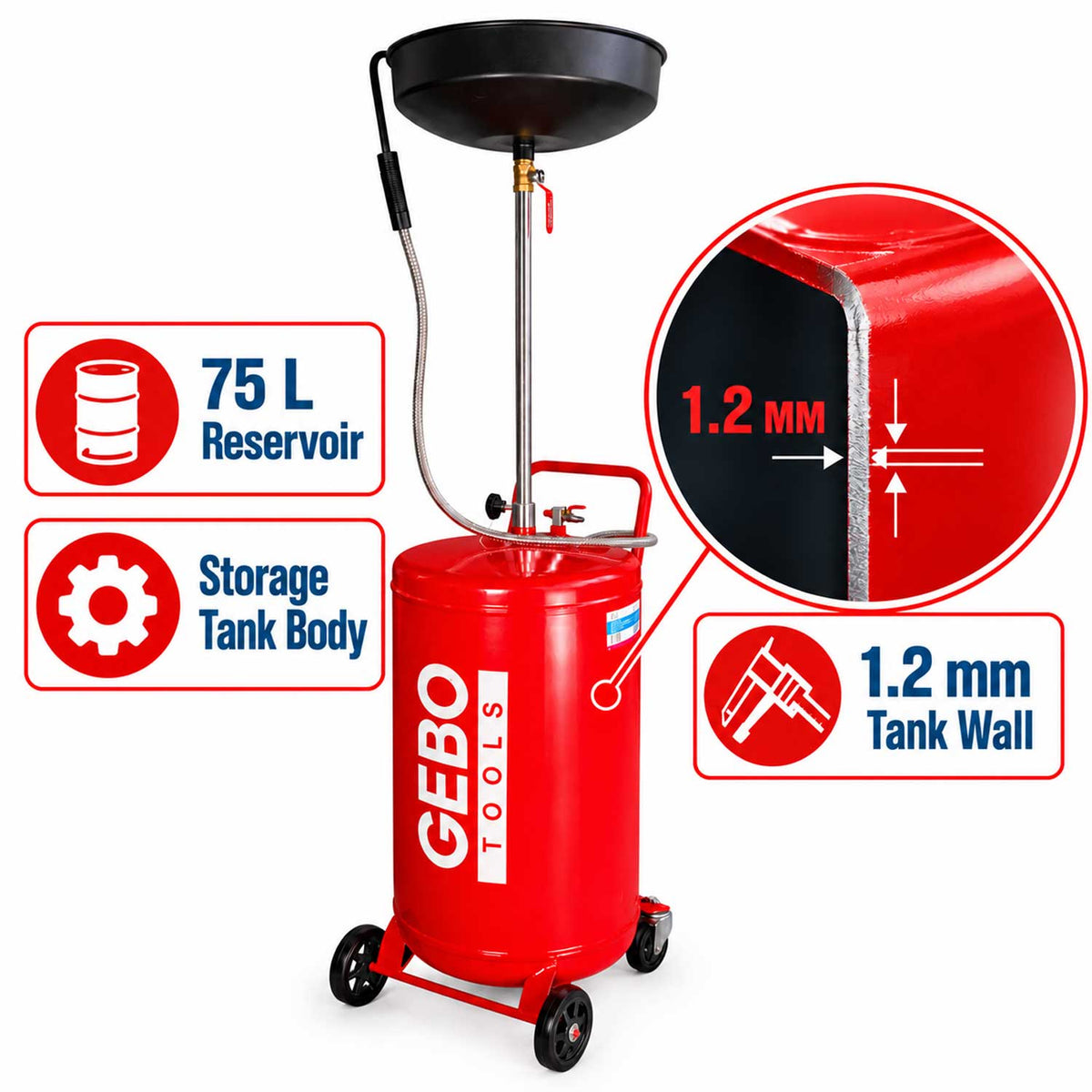 Recuperator ulei uzat pneumatic GEBO TOOLS 75l cu vas colector 10l, golire 6-8 bar, tija reglabila