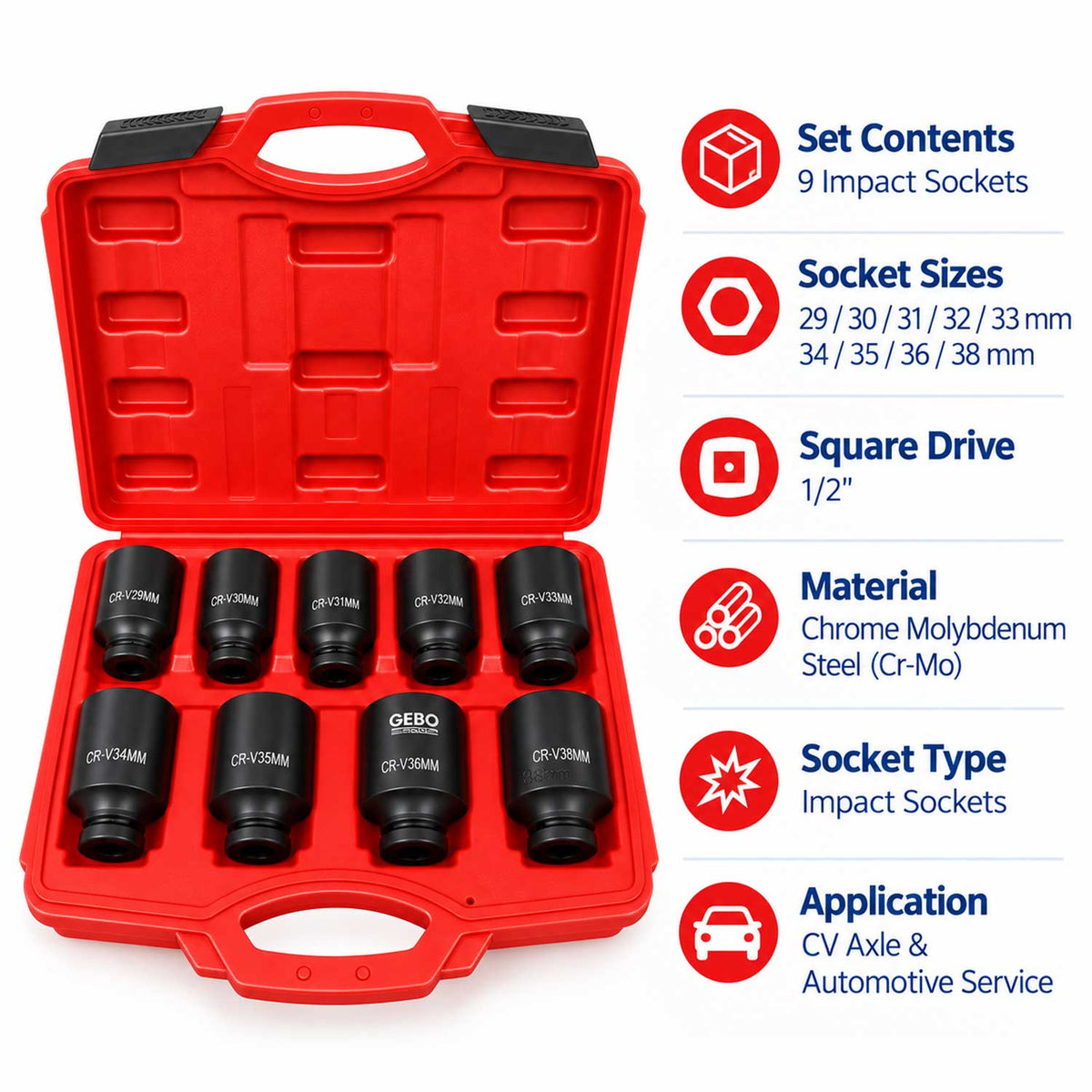 Set tubulare de impact 1/2 pentru planetare 9 piese 29-38mm GEBO TOOLS