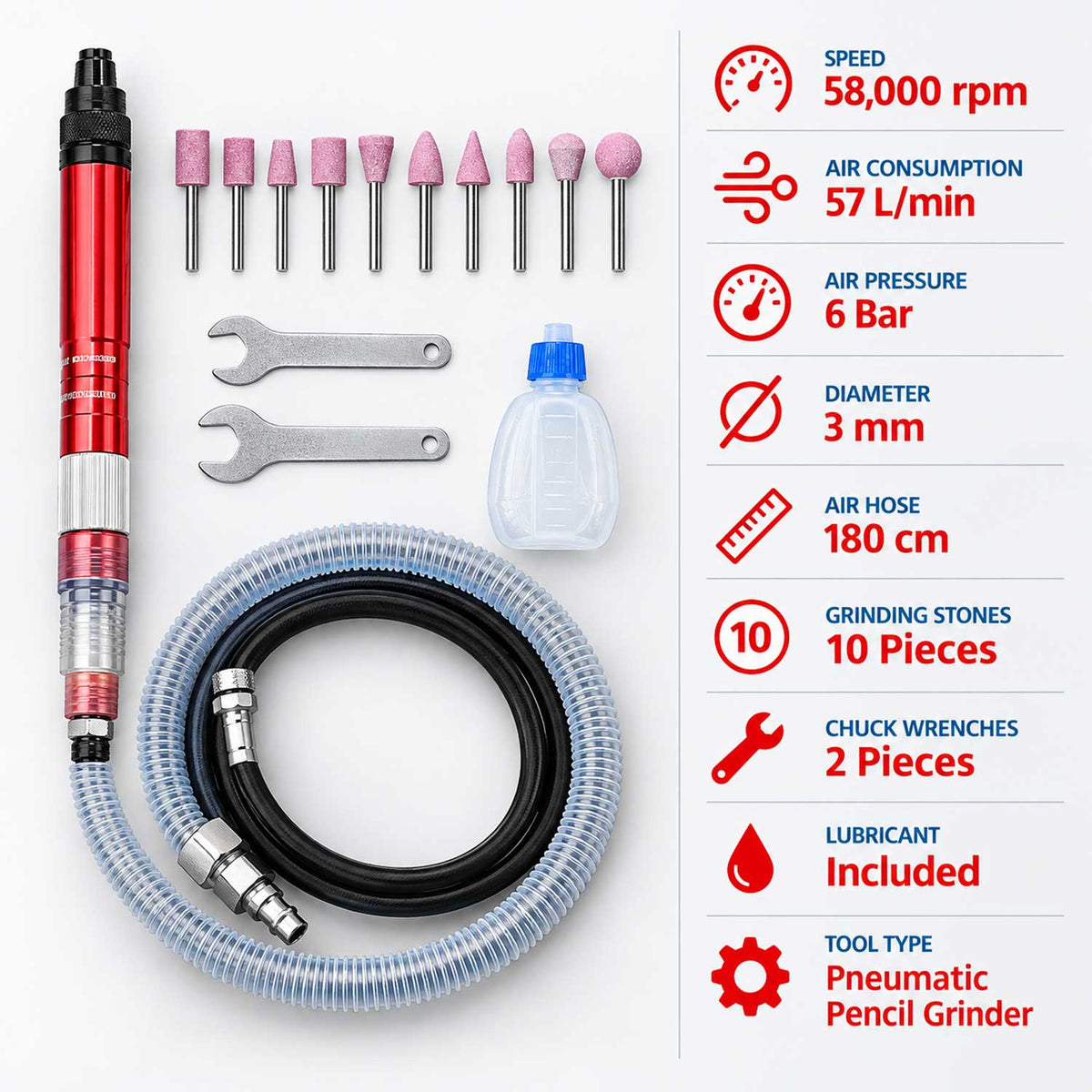 Set micro polizor pneumatic tip creion, 17 piese, viteza mare 58.000 RPM, unealta compacta si usoara pentru slefuire, curatare, taiere, lustruire si sudura GEBO TOOLS