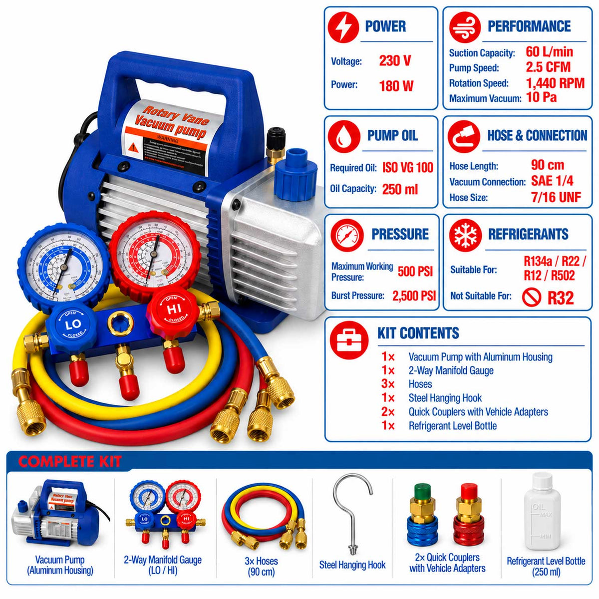 Pompa vid vacuum aer conditionat cu o etapa manometru cu 2 porturi 70l/min GEBO TOOLS