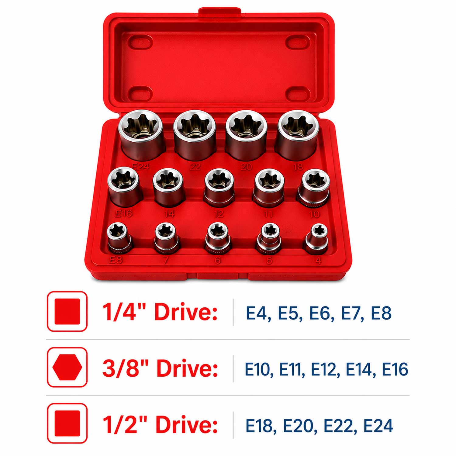 Set tubulare profil e e4-e24 1/4 3/8 1/2 14 piese GEBO TOOLS