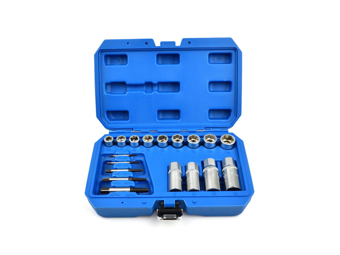 SET 18 PIESE EXTRACTOARE SI TUBULARE PENTRU SURUBURI RUPTE, PIULITE DETERIORATE SI STIFTURI, 3/8" & 1/2", 6–19 MM, M3–M18, CR-V