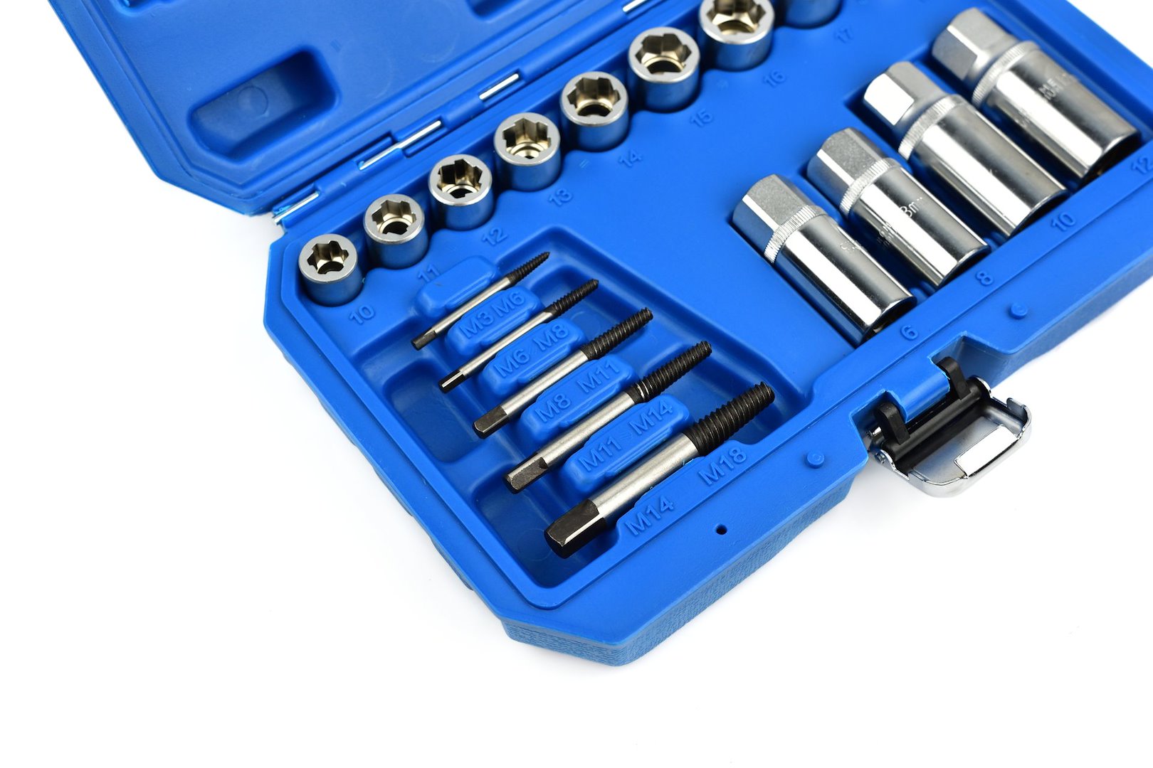 SET 18 PIESE EXTRACTOARE SI TUBULARE PENTRU SURUBURI RUPTE, PIULITE DETERIORATE SI STIFTURI, 3/8" & 1/2", 6–19 MM, M3–M18, CR-V