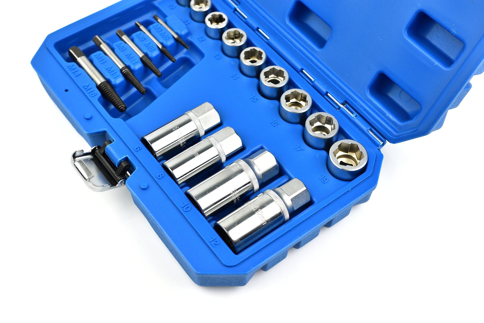 SET 18 PIESE EXTRACTOARE SI TUBULARE PENTRU SURUBURI RUPTE, PIULITE DETERIORATE SI STIFTURI, 3/8" & 1/2", 6–19 MM, M3–M18, CR-V