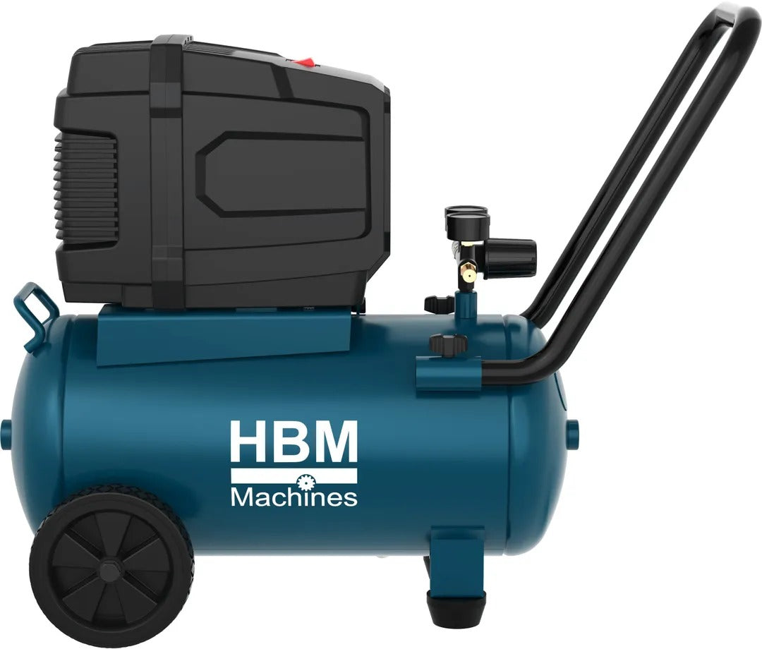 COMPRESOR HBM OLANDA 24L FARA ULEI, 8-10 BAR, 140 L/MIN, PORTABIL PE ROTI, SILENTIOS, INTRETINERE REDUSA
