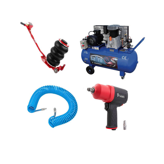 PISTOL PNEUMATIC DE IMPACT PROFESIONAL 1/2 1900 NM + COMPRESOR DE AER 200L 5.5CP 380V + FURTUN AER SPIRALAT 15M DIAMTRU 8X12MM + CRIC PNEUMATIC TIP PERNA DE AER 3.5T