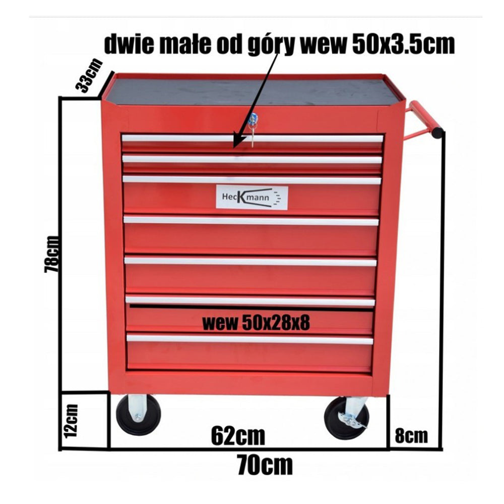 DULAP METALIC NEECHIPAT PENTRU SCULE, CU 7 SERTARE, ROSU, CU ROTI 78 X 62 X 33 CM