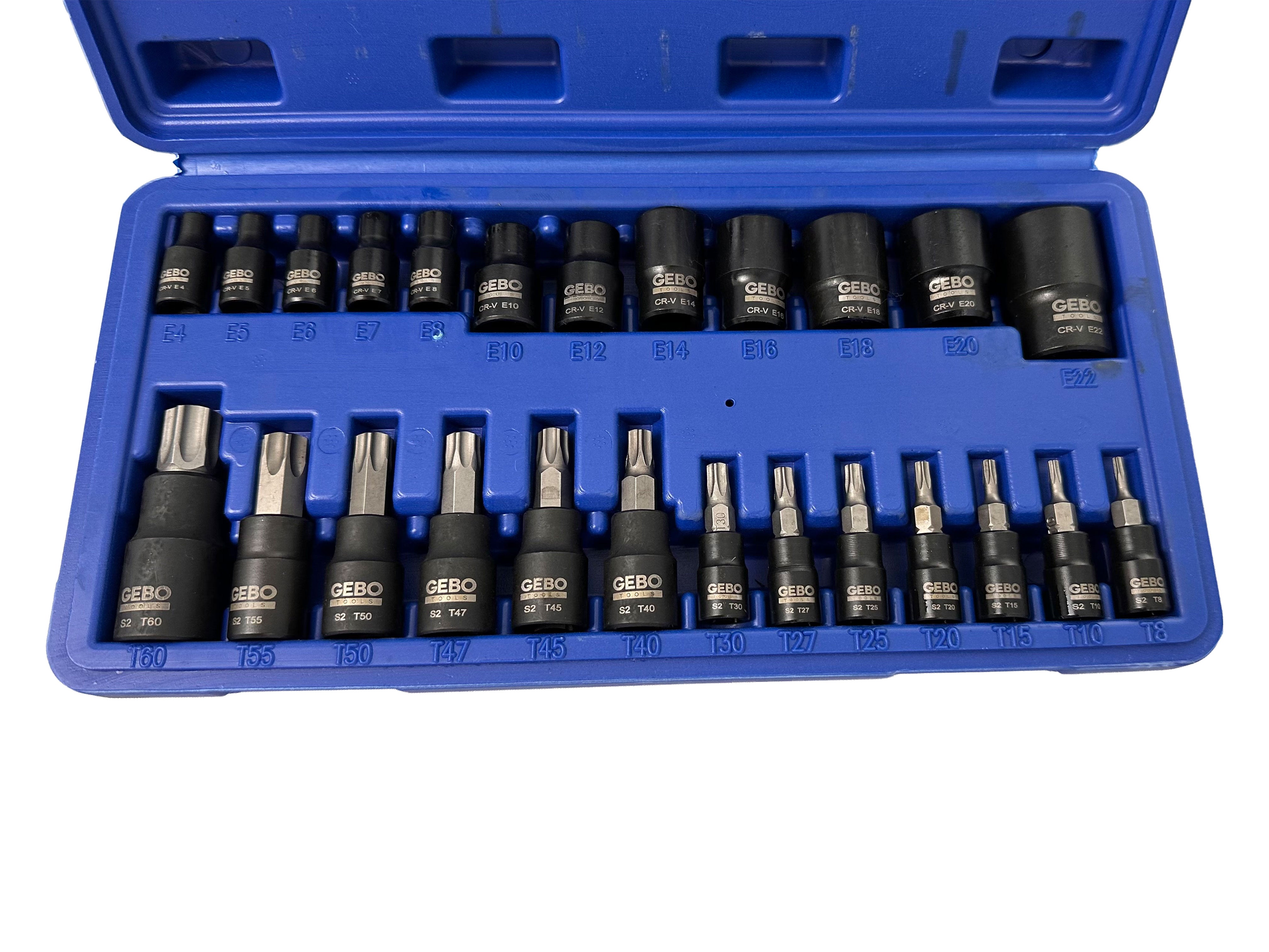 SET CHEI BITI TORX T8-T60 TUBULARE PROFIL E E4-E20 1/4 3/8 1/2 25 PIESE GEBO TOOLS