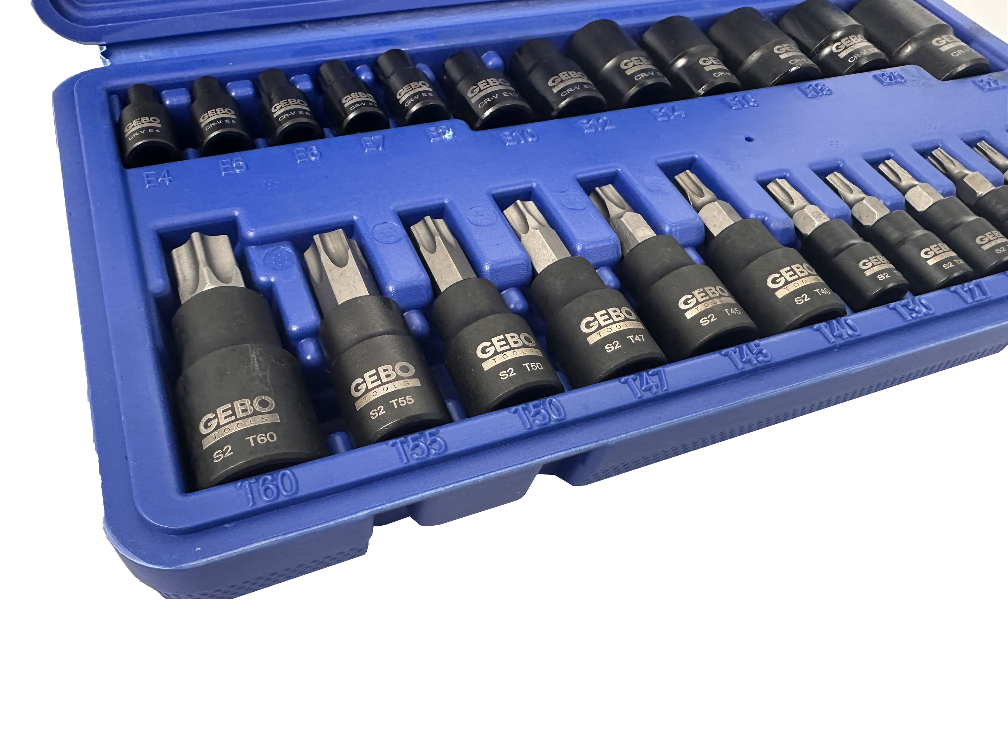 SET CHEI BITI TORX T8-T60 TUBULARE PROFIL E E4-E20 1/4 3/8 1/2 25 PIESE GEBO TOOLS