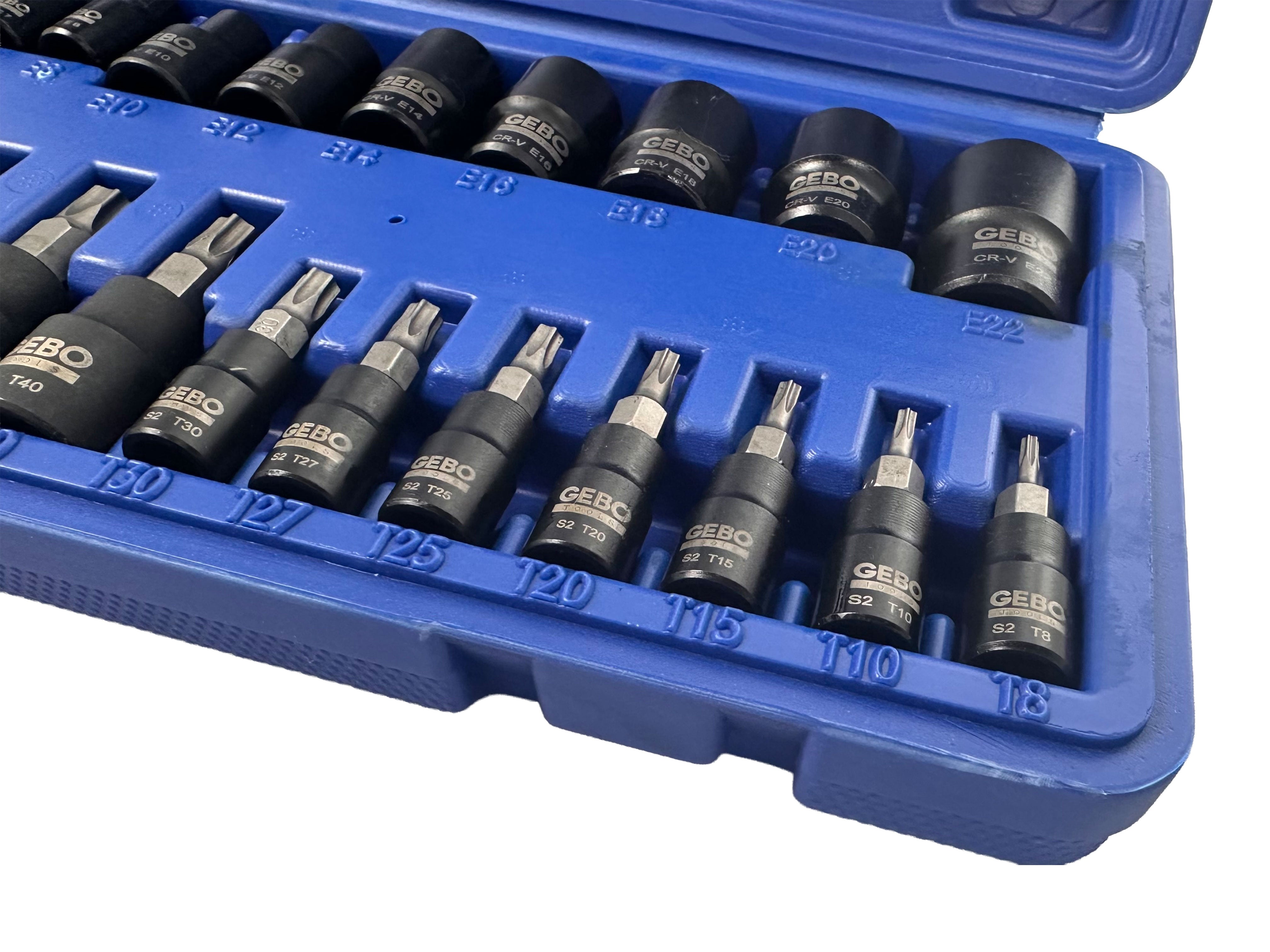 SET CHEI BITI TORX T8-T60 TUBULARE PROFIL E E4-E20 1/4 3/8 1/2 25 PIESE GEBO TOOLS