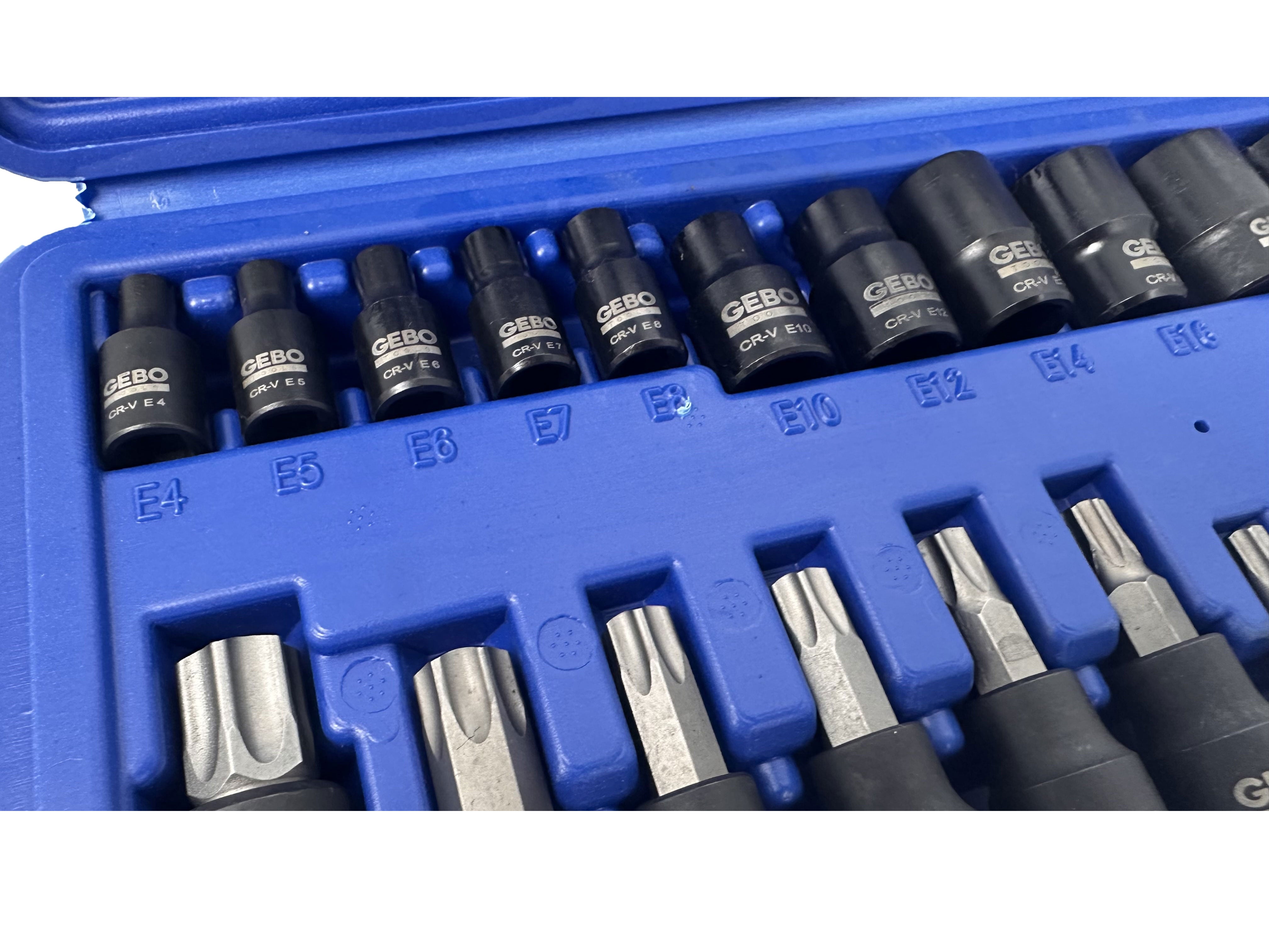 SET CHEI BITI TORX T8-T60 TUBULARE PROFIL E E4-E20 1/4 3/8 1/2 25 PIESE GEBO TOOLS