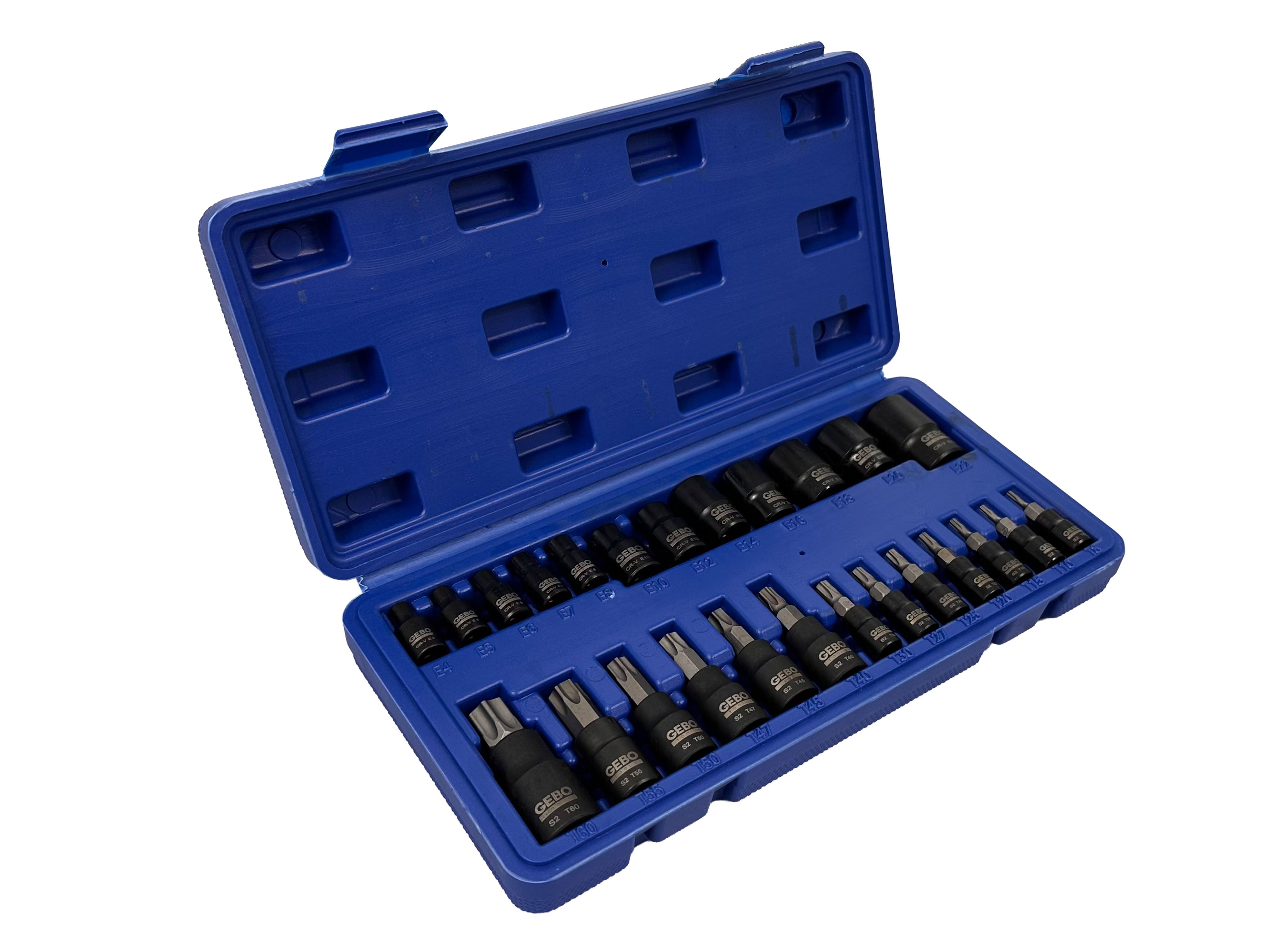 SET CHEI BITI TORX T8-T60 TUBULARE PROFIL E E4-E20 1/4 3/8 1/2 25 PIESE GEBO TOOLS