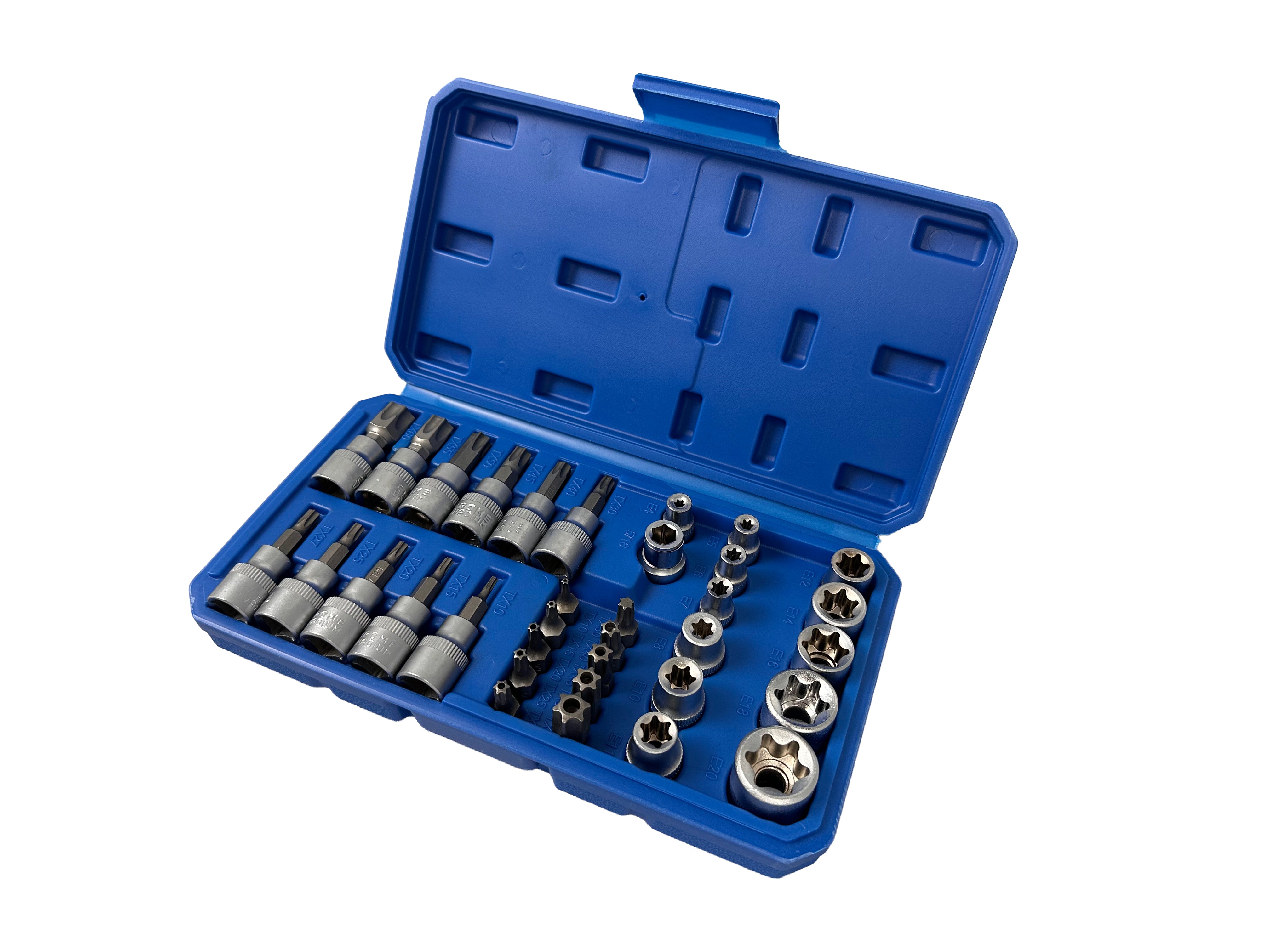 TRUSA CHEI TUBULARE PROFIL E BITI TORX 3/8 34 PIESE T10-T60 E4-E20 GEBO TOOLS