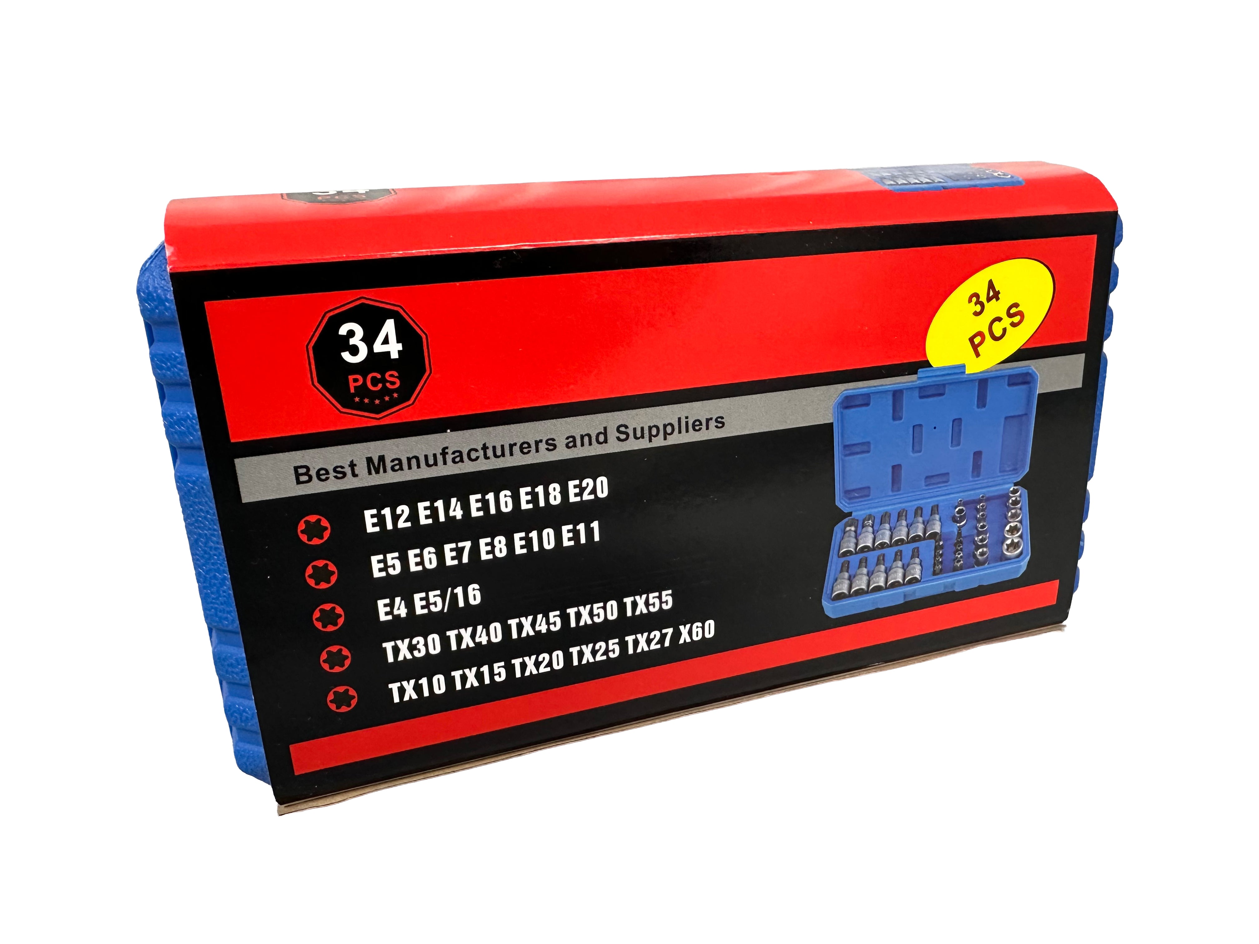 TRUSA CHEI TUBULARE PROFIL E BITI TORX 3/8 34 PIESE T10-T60 E4-E20 GEBO TOOLS