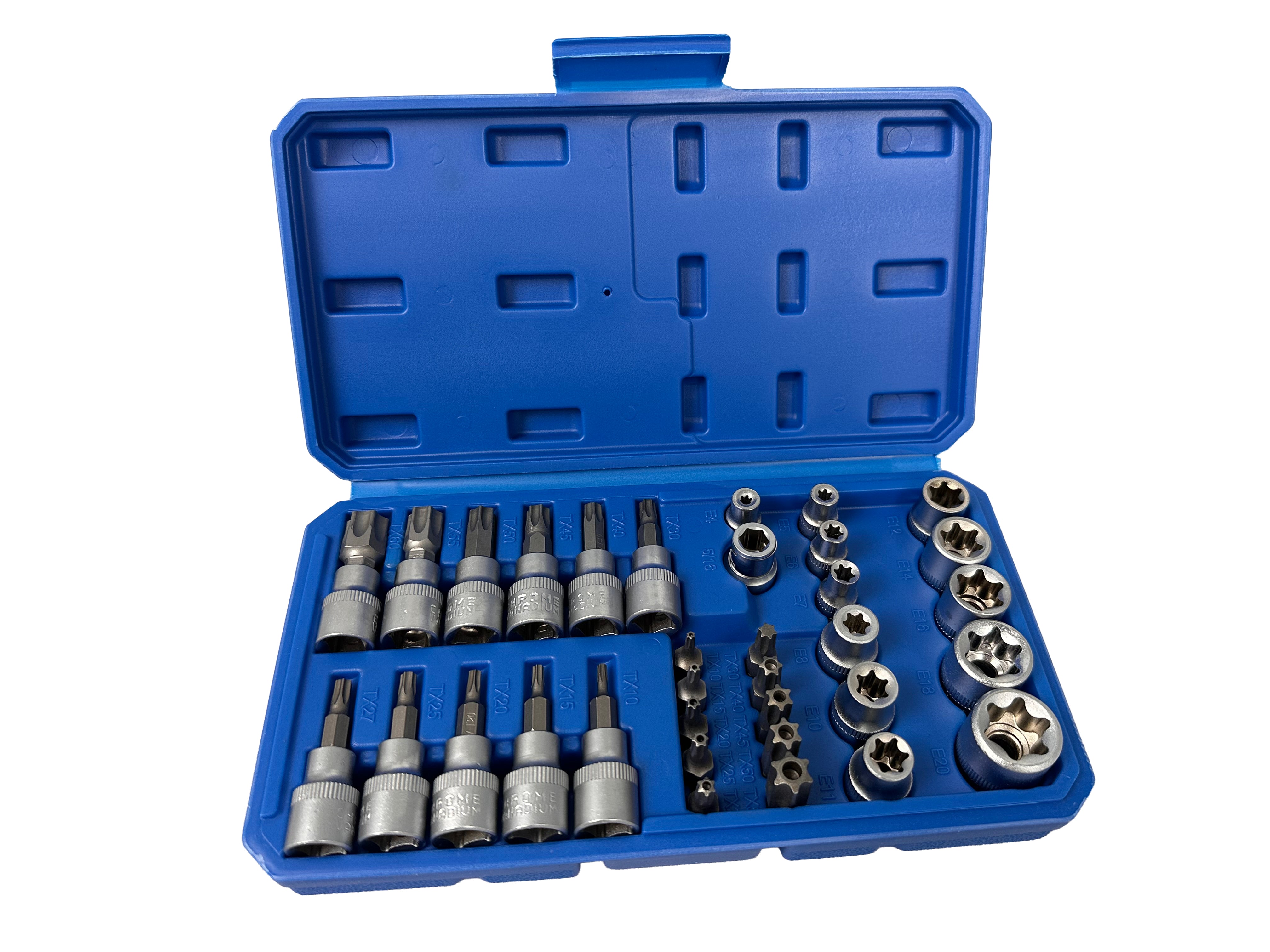 TRUSA CHEI TUBULARE PROFIL E BITI TORX 3/8 34 PIESE T10-T60 E4-E20 GEBO TOOLS