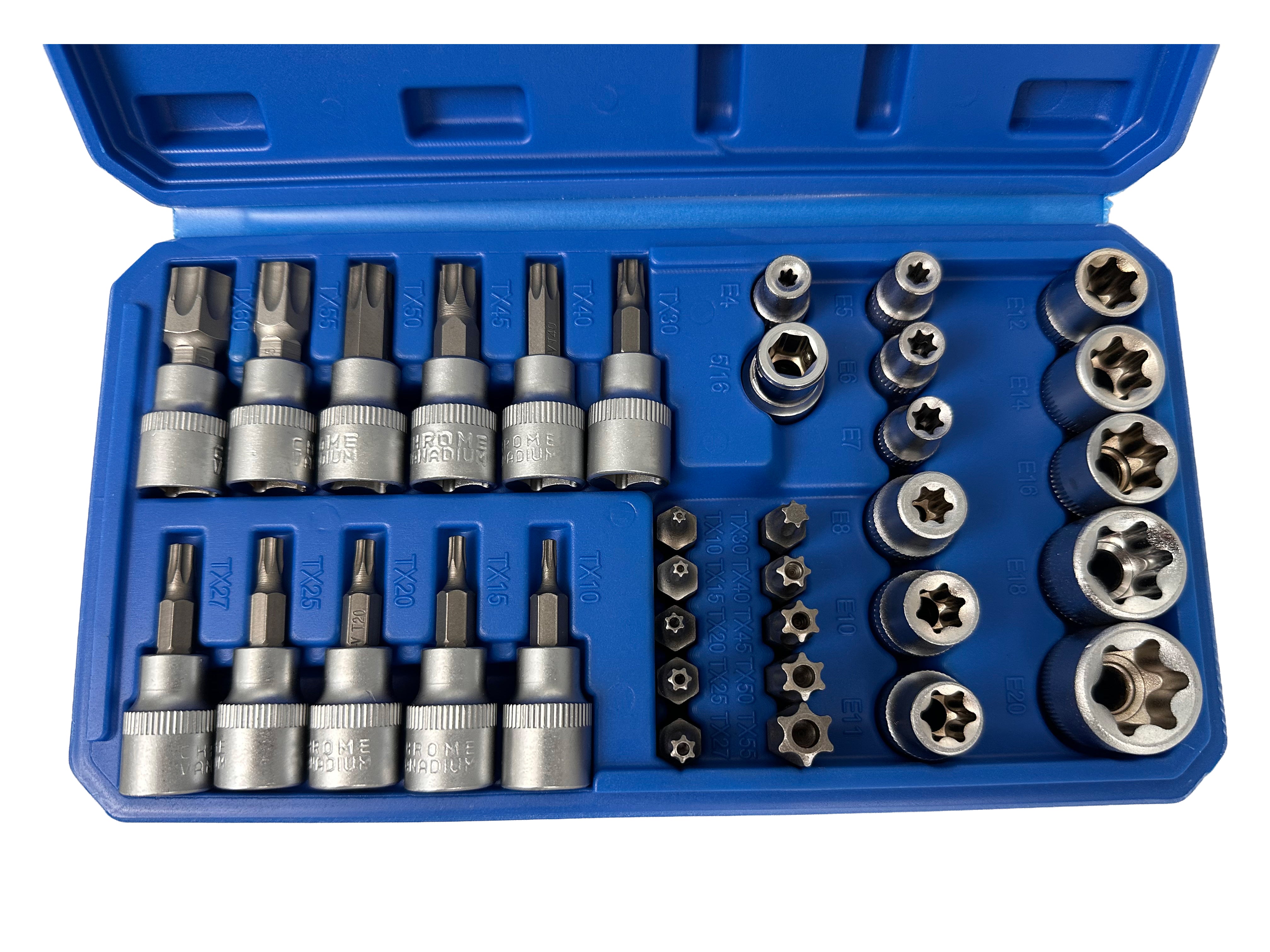 TRUSA CHEI TUBULARE PROFIL E BITI TORX 3/8 34 PIESE T10-T60 E4-E20 GEBO TOOLS