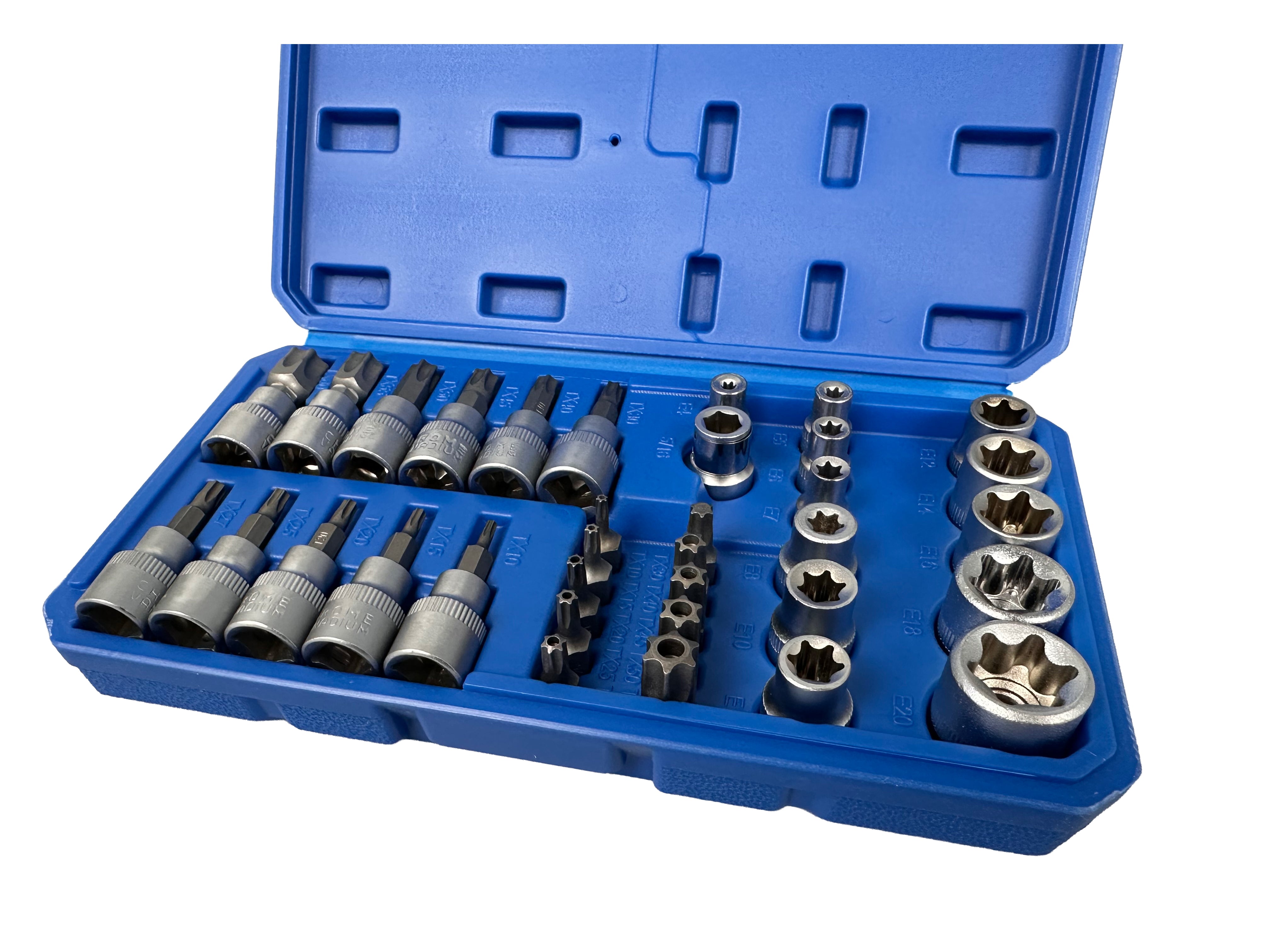 TRUSA CHEI TUBULARE PROFIL E BITI TORX 3/8 34 PIESE T10-T60 E4-E20 GEBO TOOLS