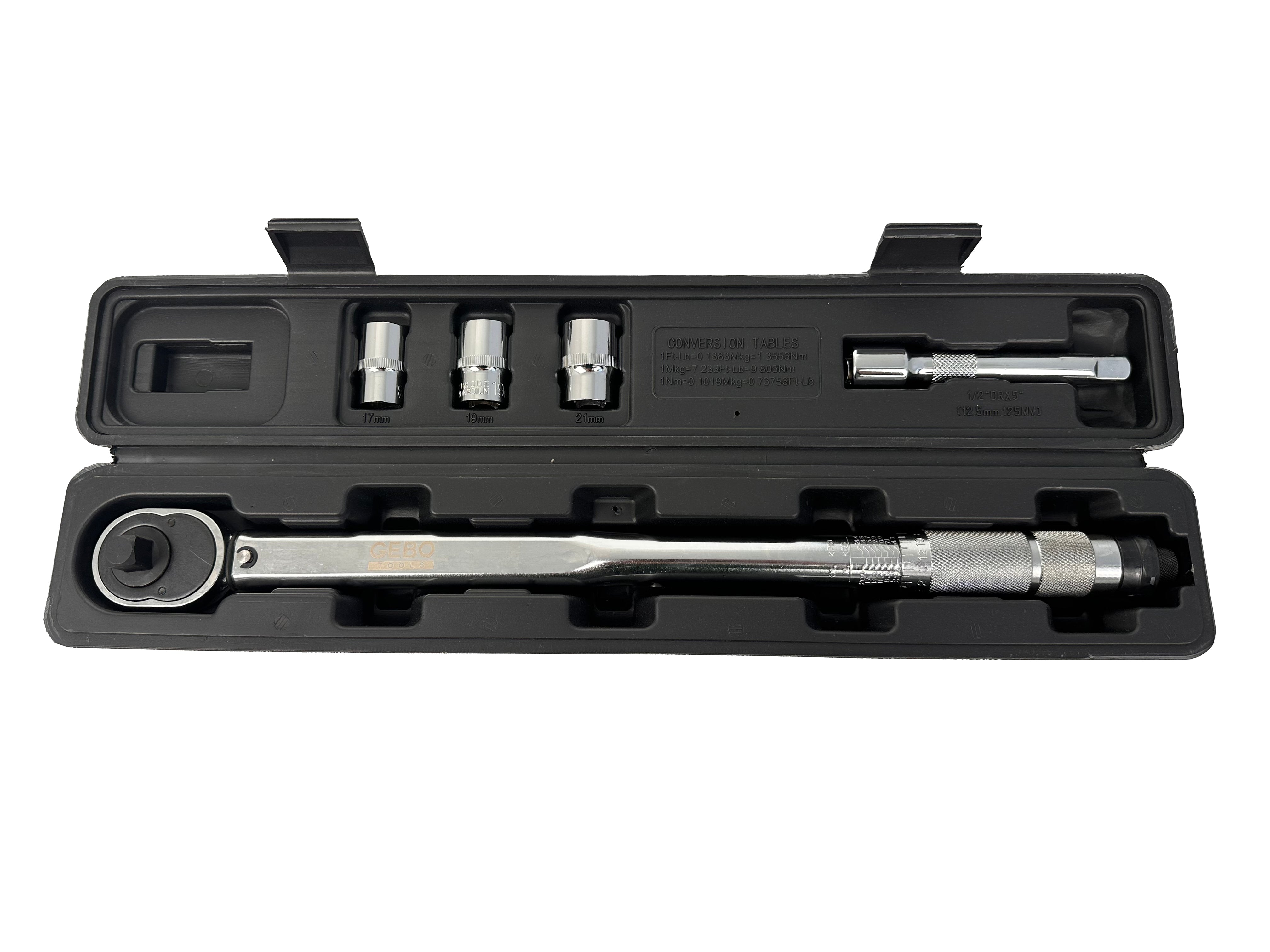 SET CHEIE DINAMOMETRICA 1/2 5 PIESE 28-210 NM TUBULARE 1/2 17-19-21 MM PRELUNGITOR 1/2 GEBO TOOLS