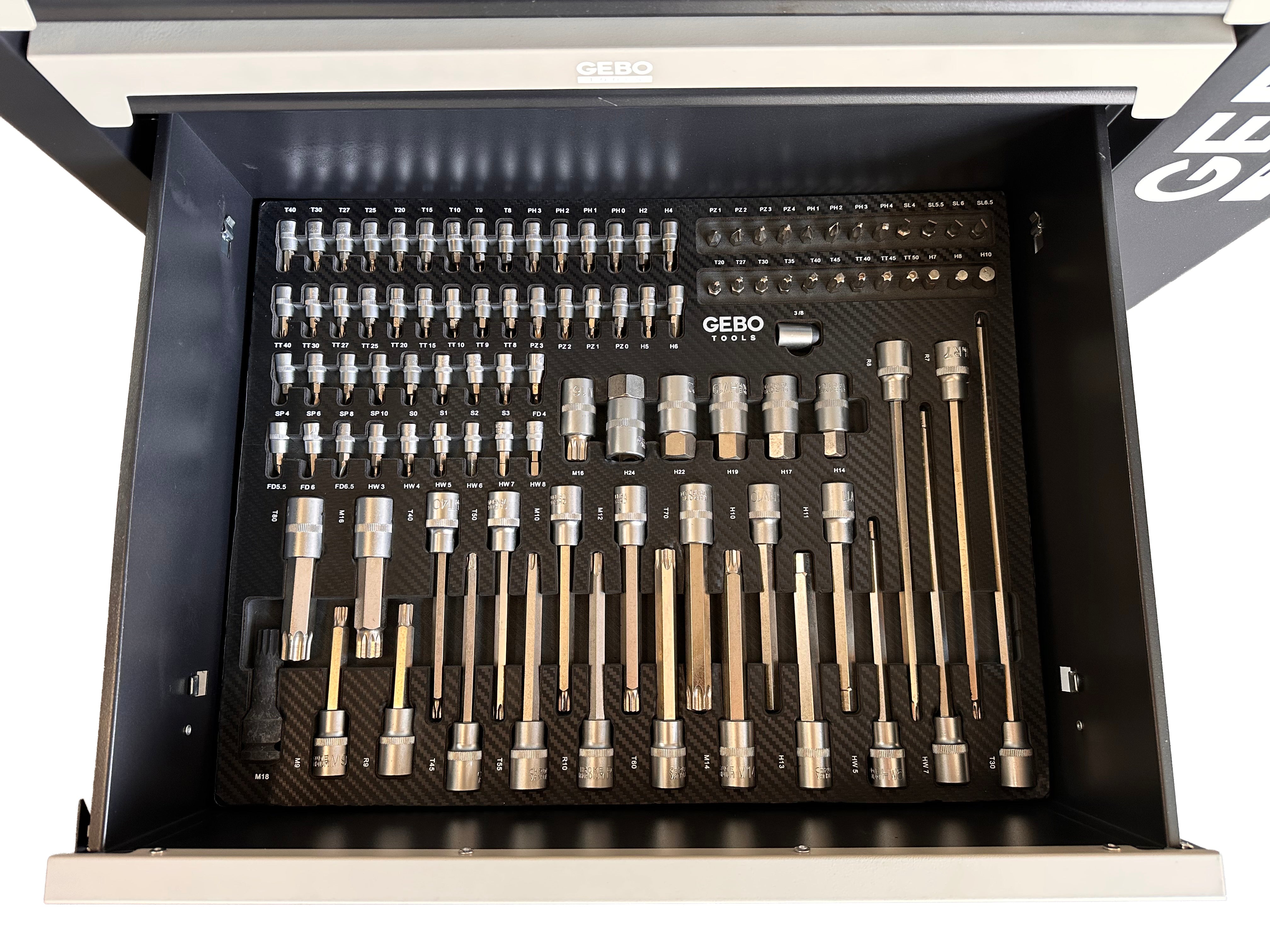 DULAP DE SCULE ECHIPAT PROFESIONAL CU 7 SERTARE 7 MODULE CARBON 262 PIESE GEBO TOOLS