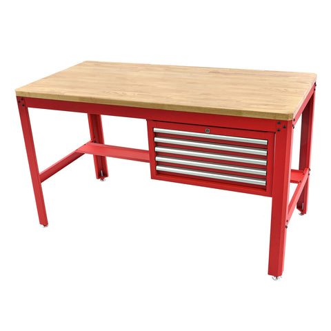 BANC DE LUCRU METALIC PROFESIONAL CU 5 SERTARE SI BLAT DE LEMN 155 CM ROSU