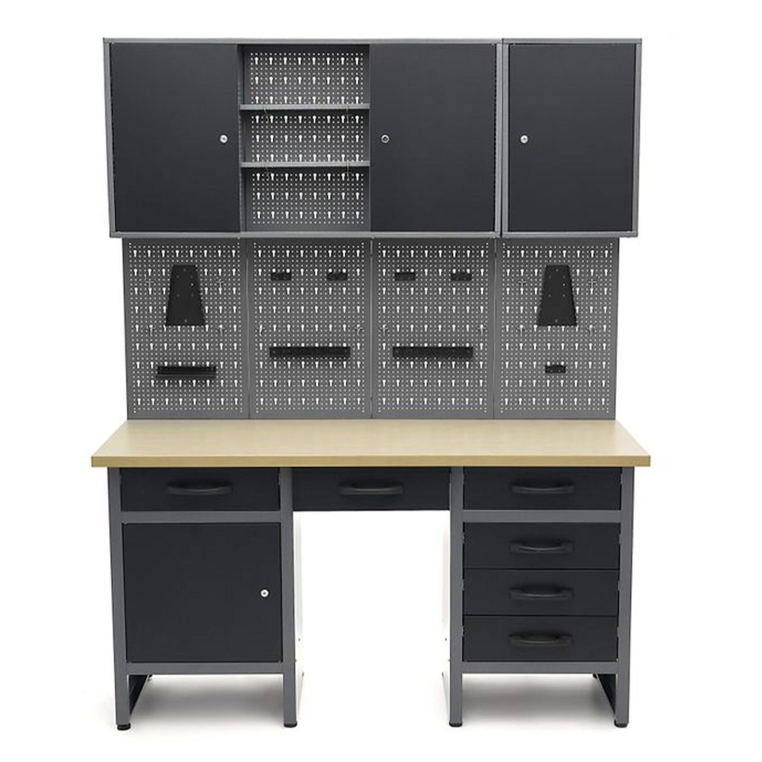 BANC DE LUCRU METALIC CU 6 SERTARE, PANOU SCULE SI DULAPURI 160CM HBM