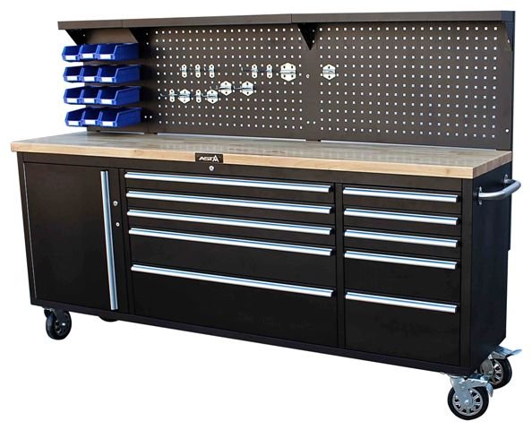 Banc de lucru dulap scule 11 sertare profesional cu blat din lemn si panou 214cm